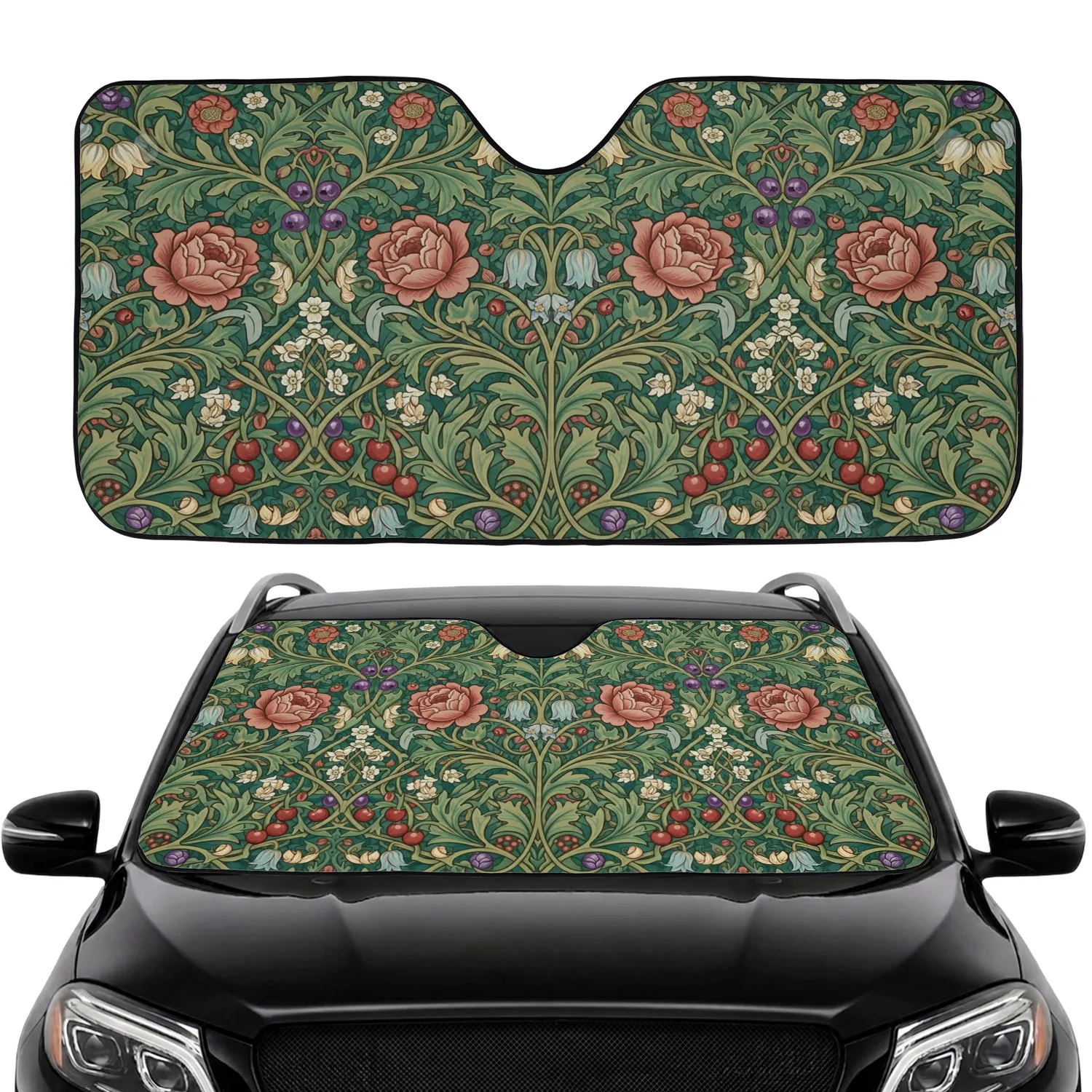 Arts and Crafts Floral Roses Bellflowers Berries - Everyday Lifestyle Gift Car Sunshade - 1