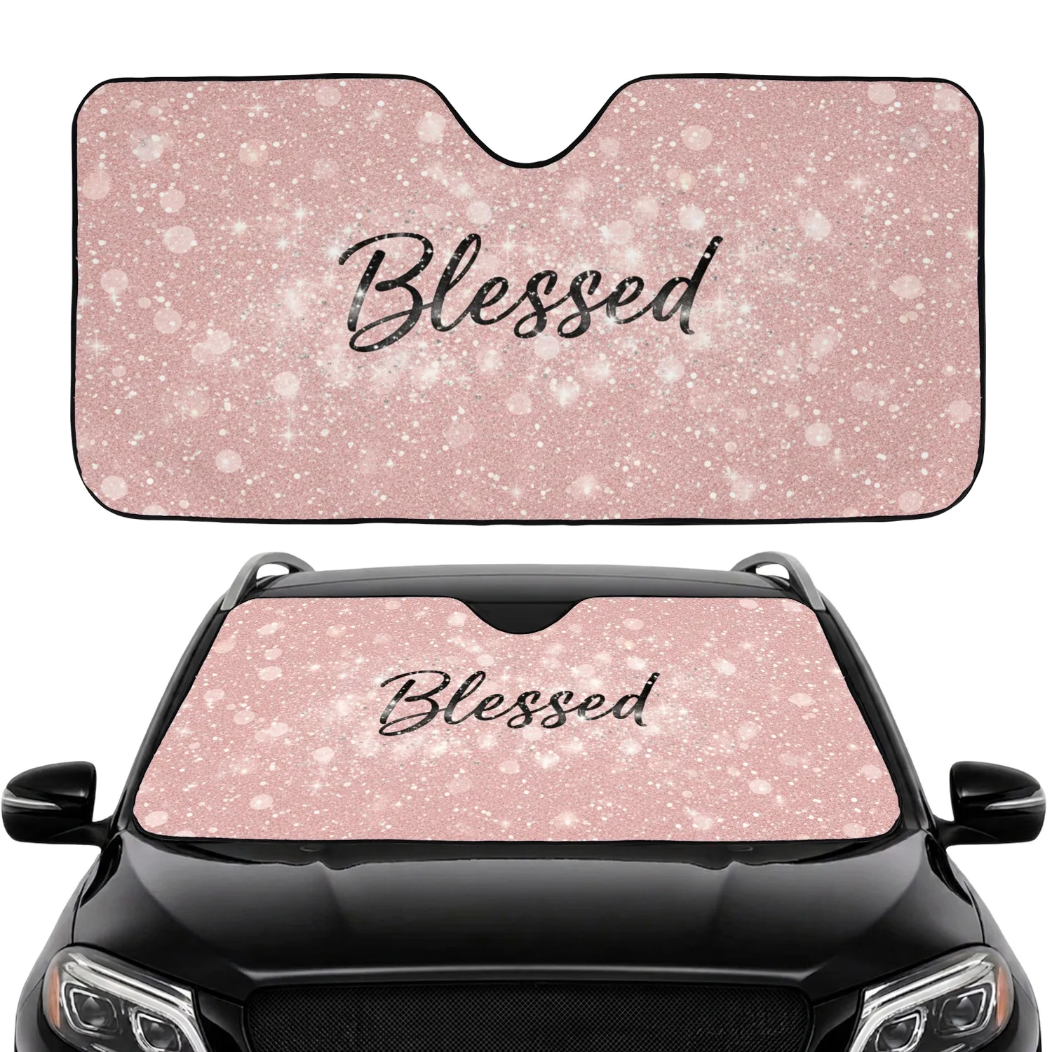 Blessed Black Cursive Script with Shimmering Bokeh Lights - Everyday Appreciation Gift Car Sunshade - 1