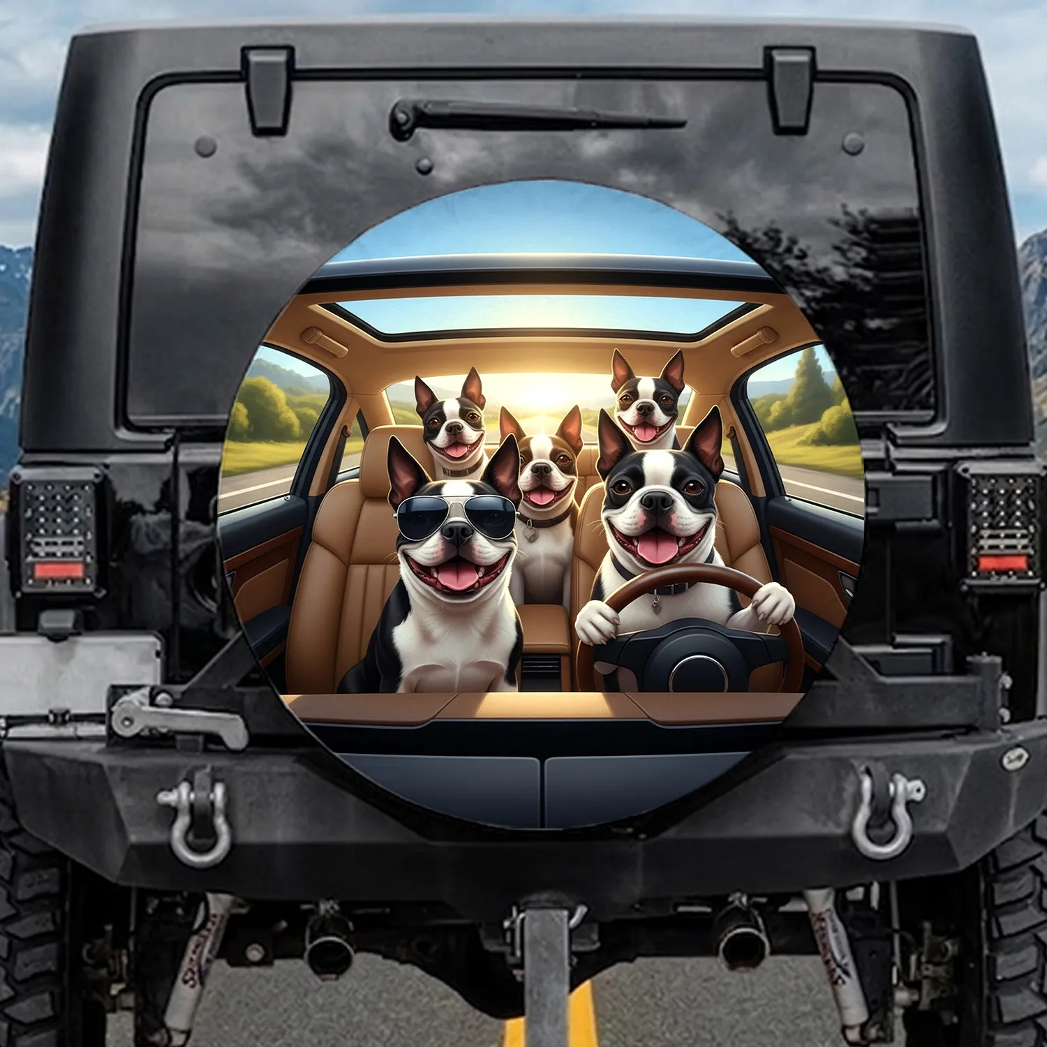 Boston Terriers Sunglasses Steering Wheel Car Interior Open Road - Dog Lover Road Trip Gift Spare Tire Cover - 1