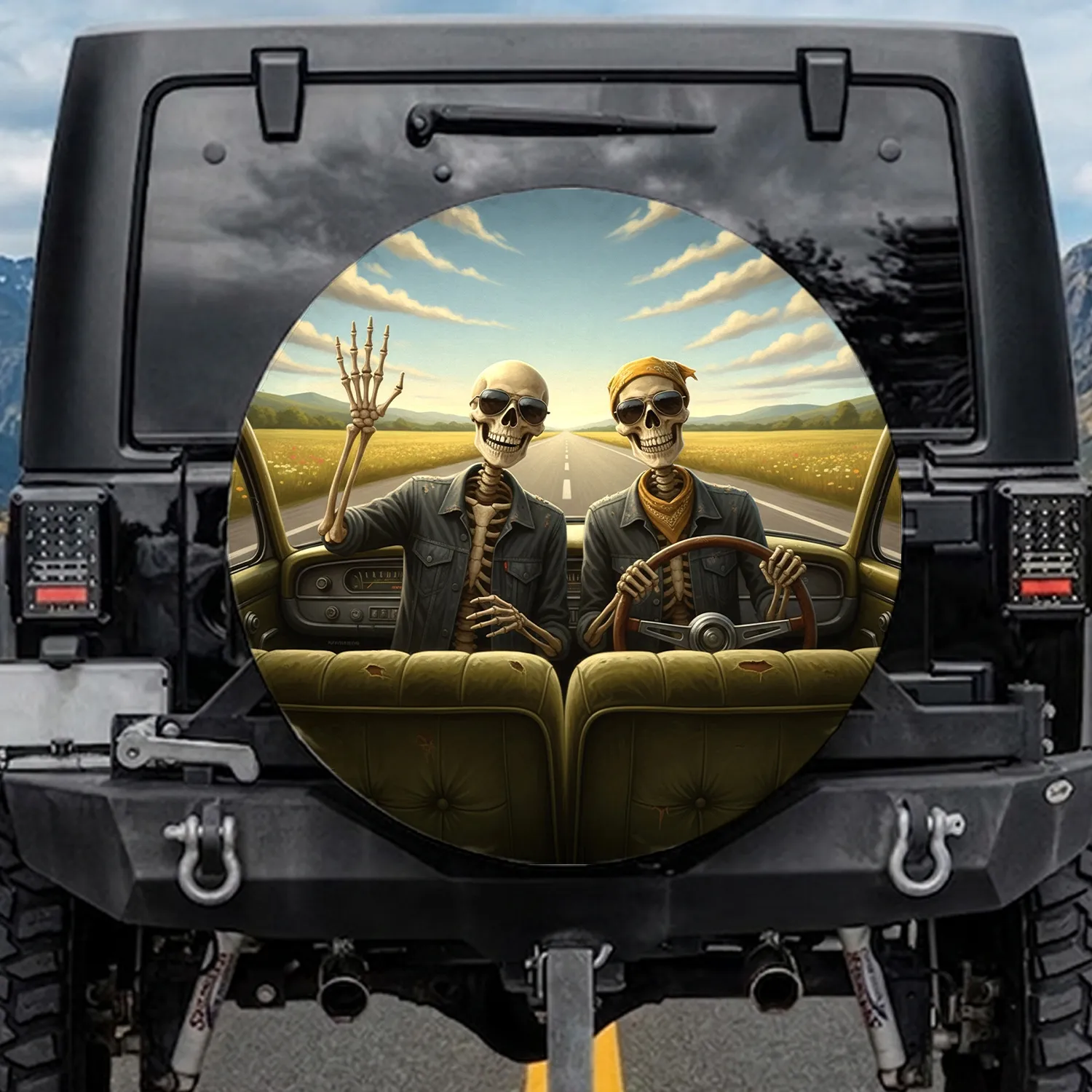 Cheerful Skeletons Sunglasses Highway Drive - Open Road Adventure Gift Spare Tire Cover - 1