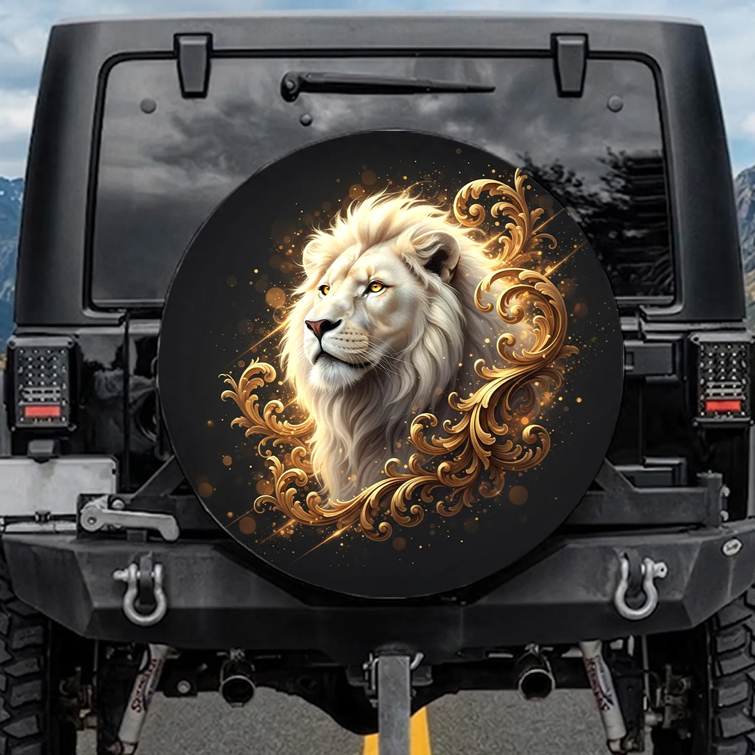 Majestic White Lion Golden Baroque Fantasy - Wildlife Lover Gift Spare Tire Cover - 1