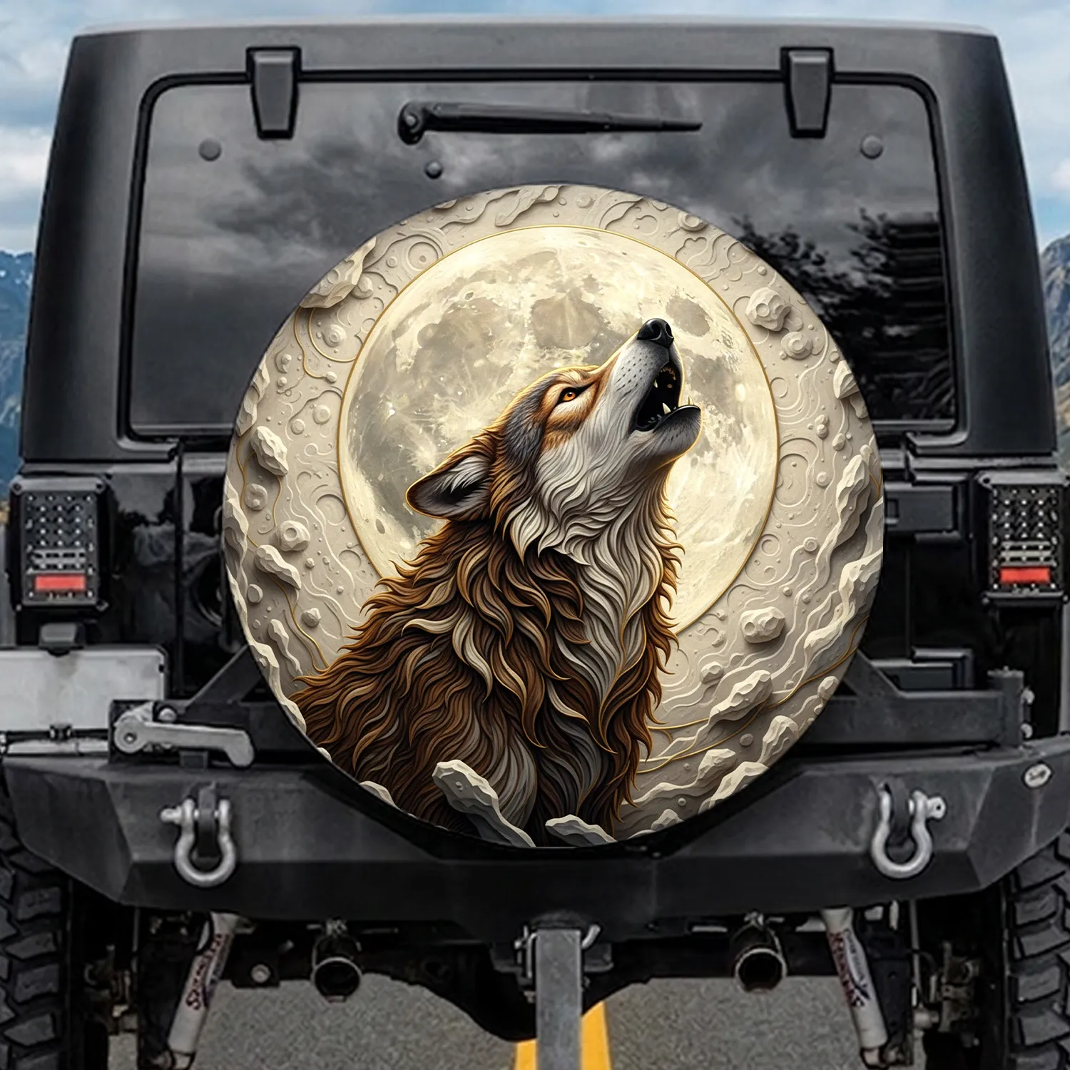 Majestic Brown Cream Gold Relief Sculpted Howling Wolf Moon - Outdoor Adventure Nature Lover Gift Spare Tire Cover - 1