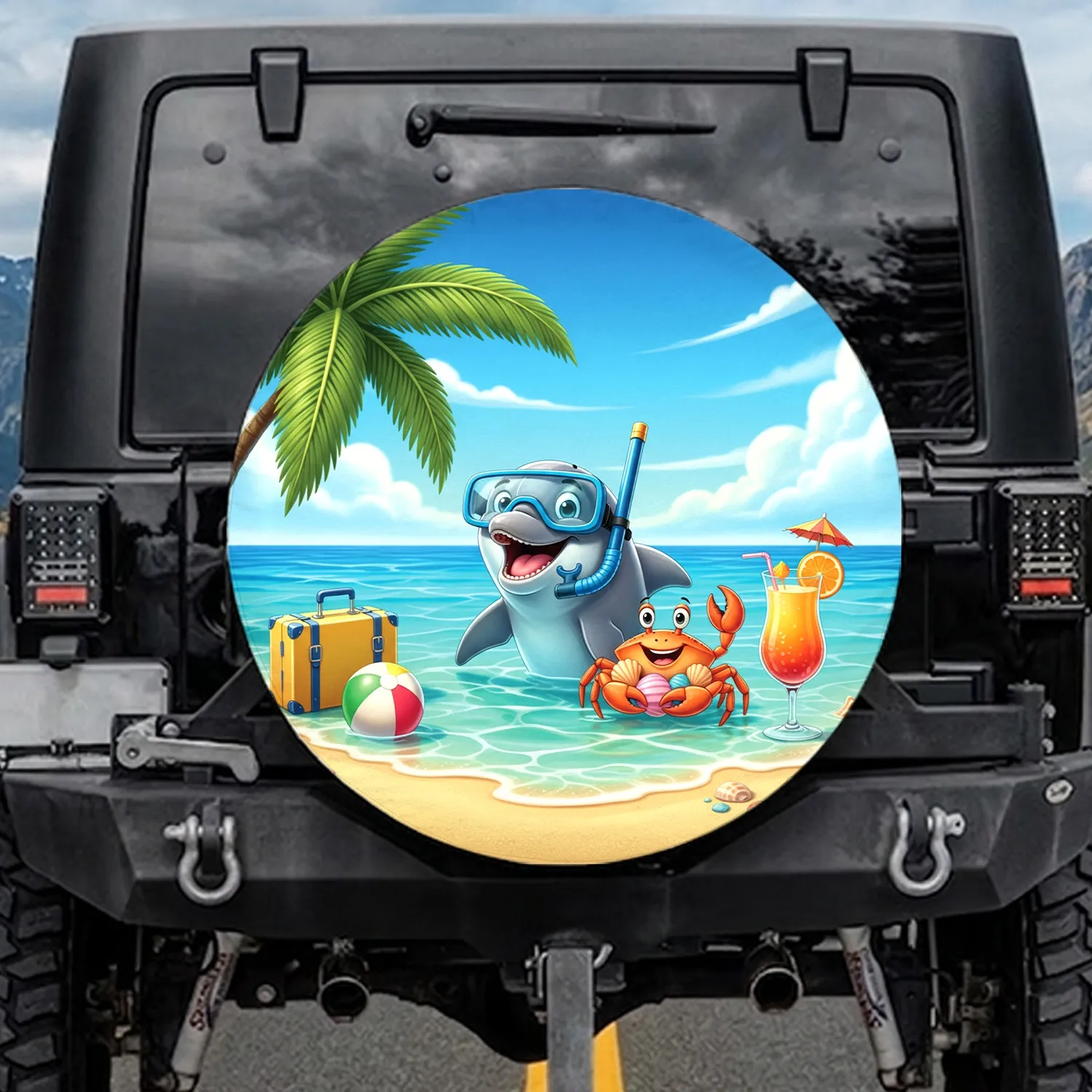 Dolphin Crab Snorkel Beach Ocean Palm Leaves Scene - Beach Lover Travel Decor Gift Spare Tire Cover - 1