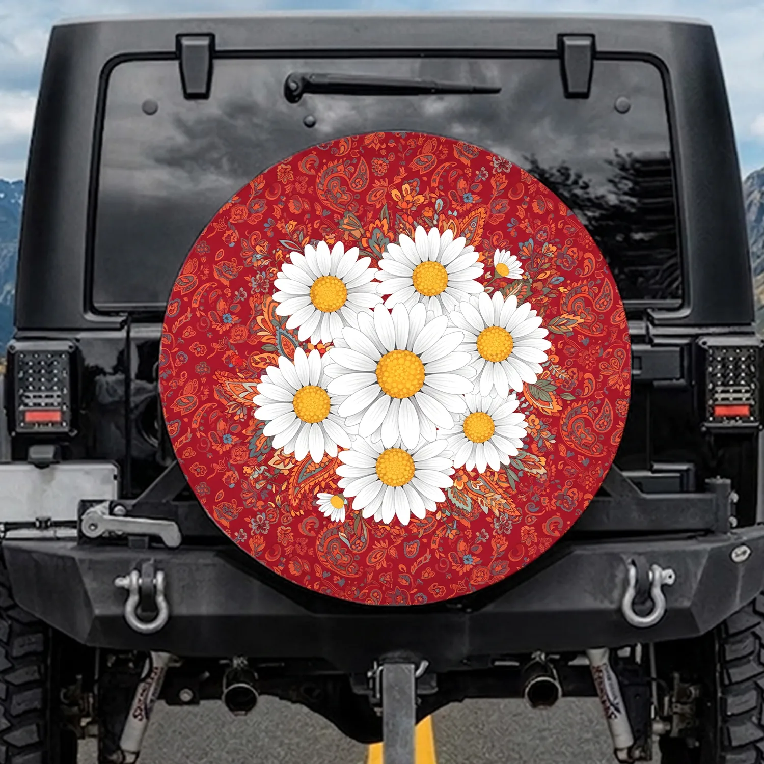 Prominent White Daisy Yellow Center Flower Paisley Red Floral Leaf Home Decor Gift Spare Tire Cover - 1