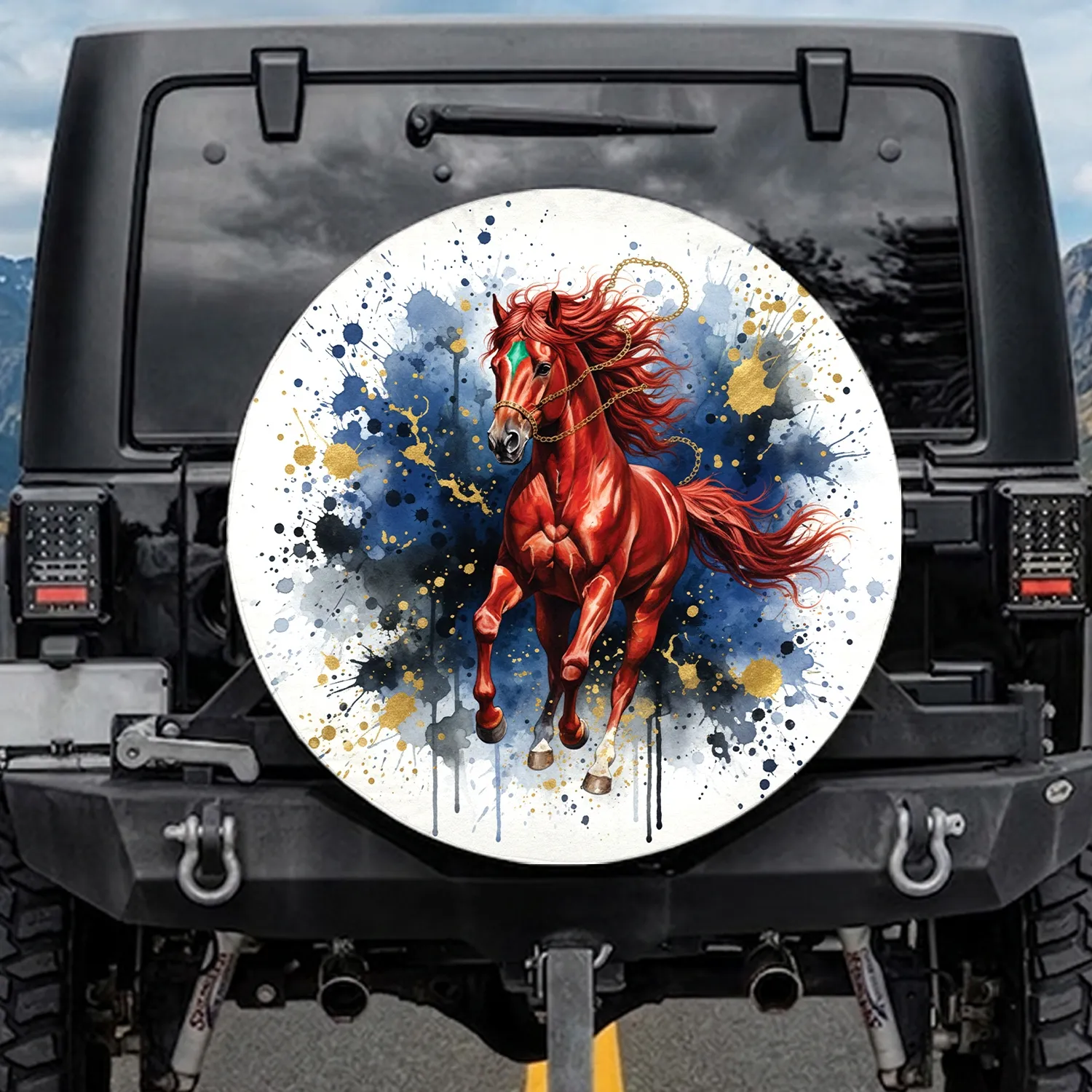 Galloping Red Horse Green Stripe Chain - Wildlife Lover Gift for Equestrians Spare Tire Cover - 1