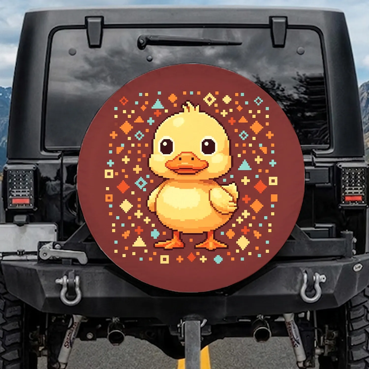 Plump Baby Duck with Orange Beak Geometric Shapes - Wildlife Lover Home Decor Gift Spare Tire Cover - 1