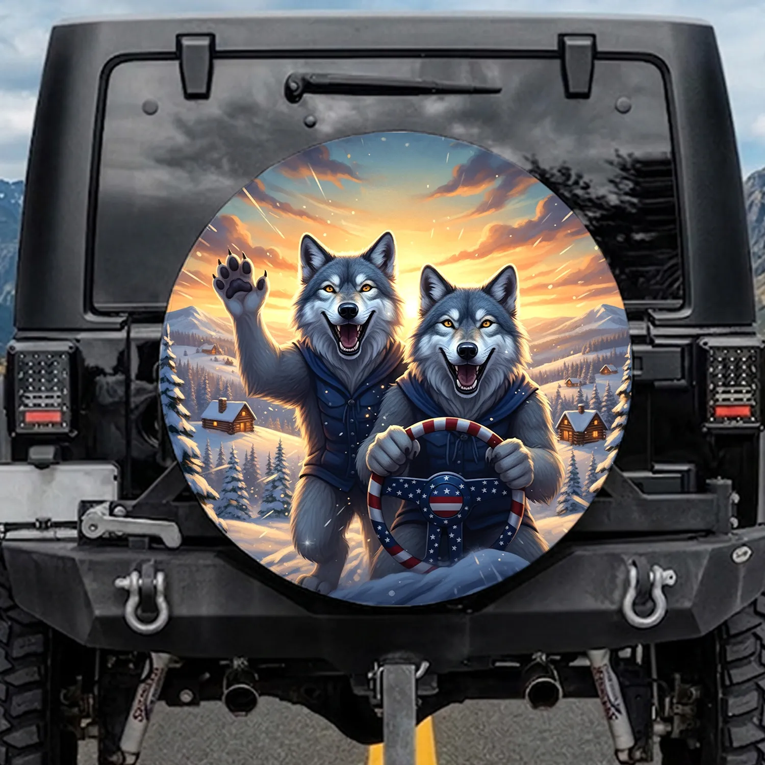 Grinning Wolves American Flag Steering Wheel Winter Landscape - Wildlife Gift Spare Tire Cover - 1