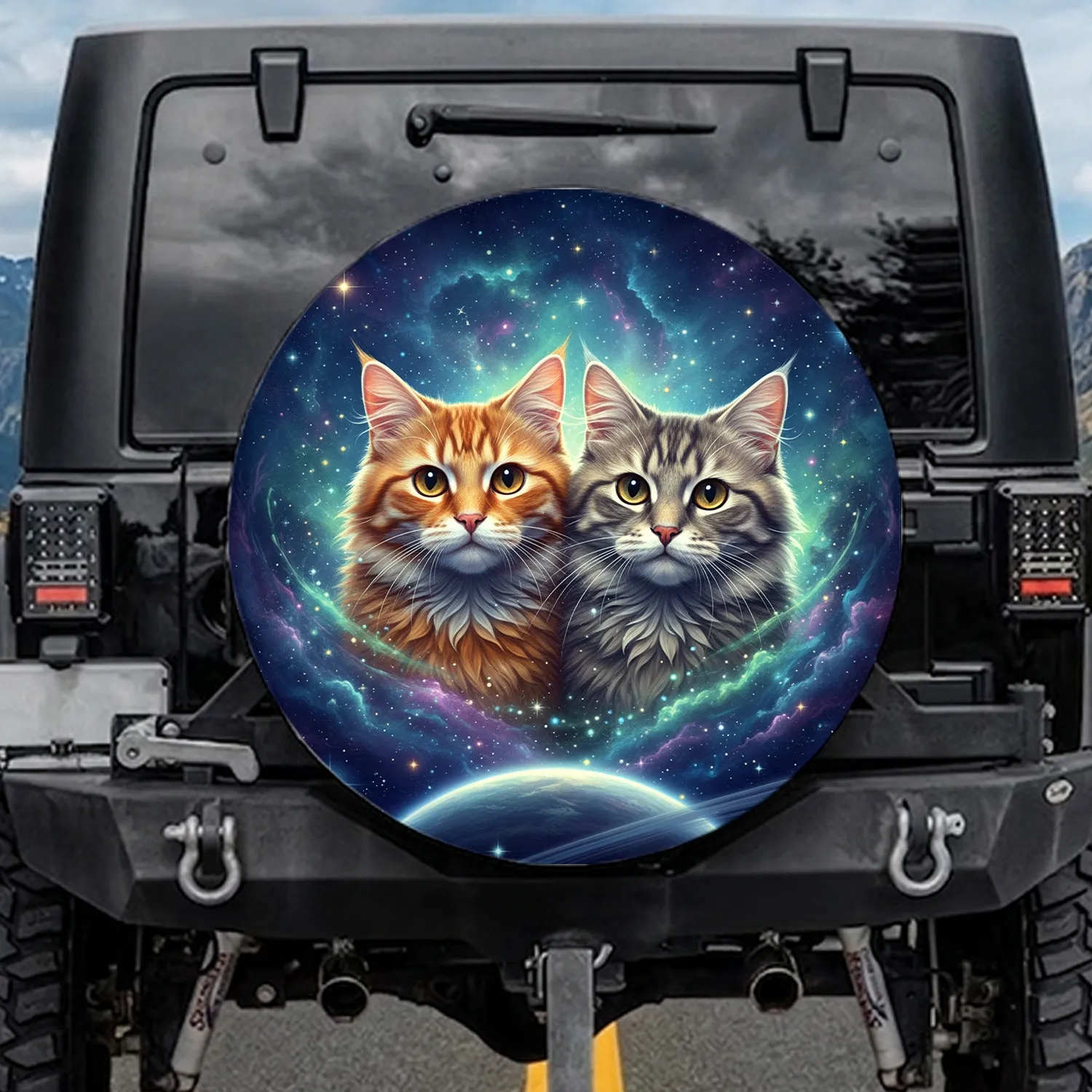 Realistic Fluffy Tabby Cats Cosmic Journey - Luminous Galaxy Home Decor Gift for Cat Lovers Spare Tire Cover - 1