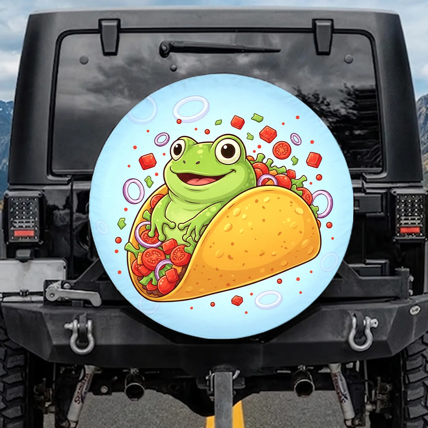 Cheerful Green Frog Golden Taco Red Toppings Onion Rings - Food Lover Gift Spare Tire Cover - 1
