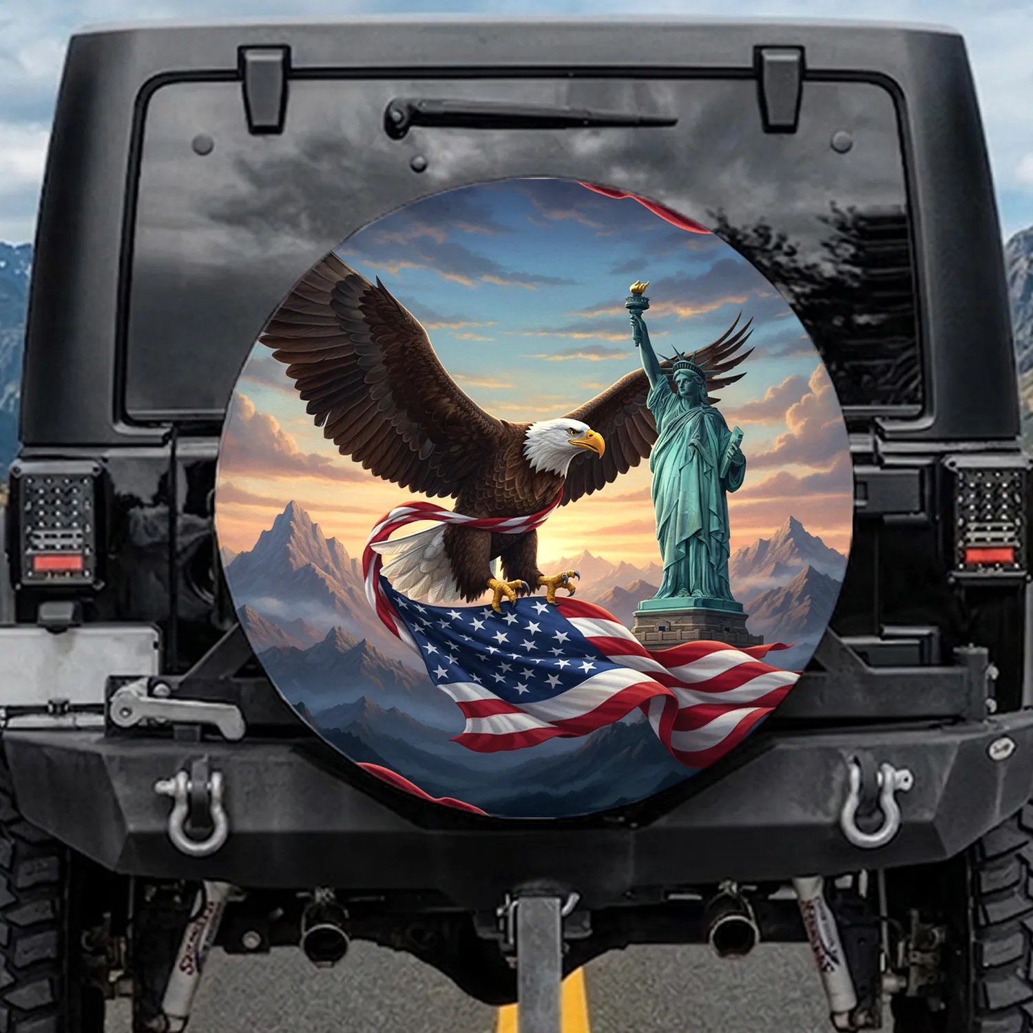 Bald Eagle American Flag Statue of Liberty Independence Day Gift for Veterans Spare Tire Cover - 1