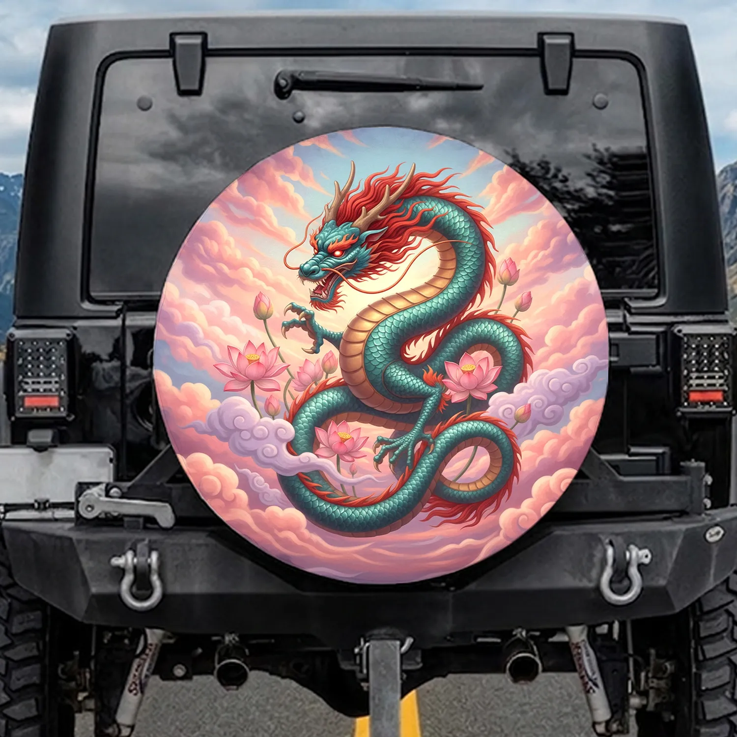 Powerful Chinese Dragon Lotus Flowers - Mystical Creature Home Decor Gift Spare Tire Cover - 1