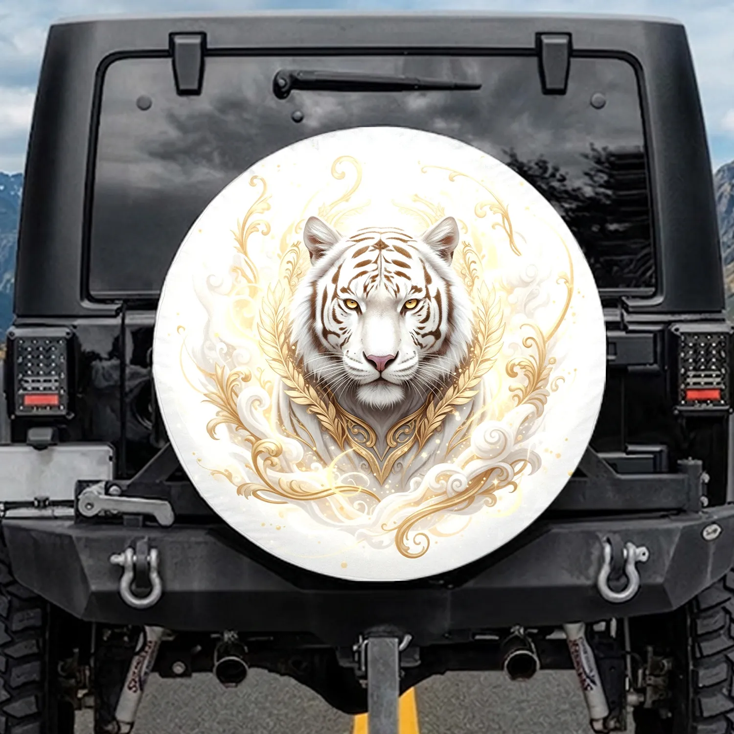 White Tiger Golden Feather Golden Foliage Ethereal Mist - Wildlife Fantasy Lover Gift Spare Tire Cover - 1