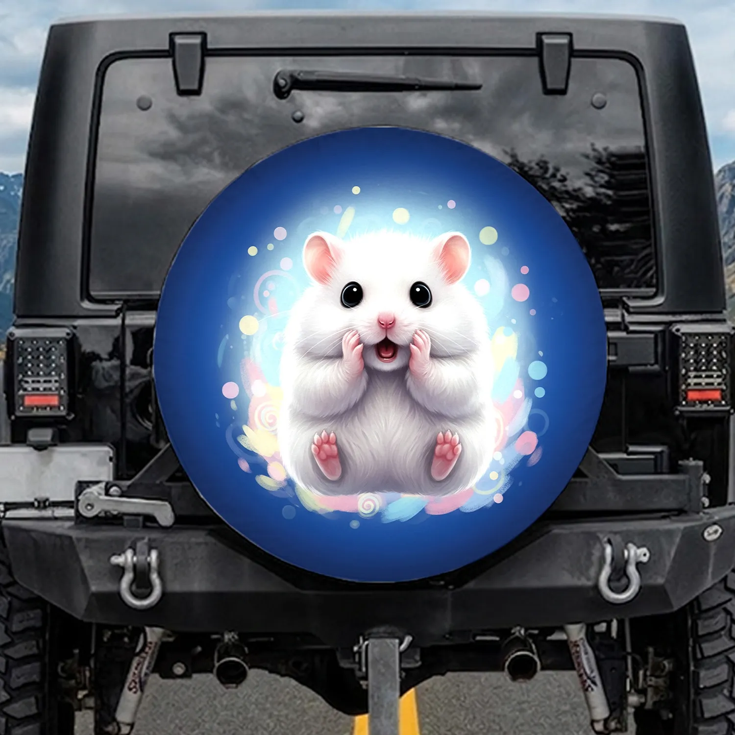Surprised Fluffy White Baby Animal Pink Cheeks Deep Blue - Home Decor Gift for Pet Lovers Spare Tire Cover - 1