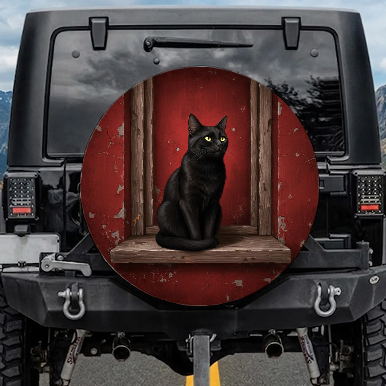 Confident Black Cat Vivid Yellow Eyes Wooden Window - Home Decor Gift for Cat Lover Spare Tire Cover - 1