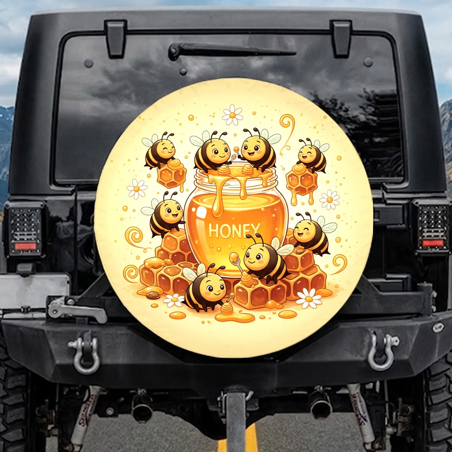 Honeybees Golden Honey Jar Honeycomb Daisies - Nature Lover Everyday Use Spare Tire Cover - 1