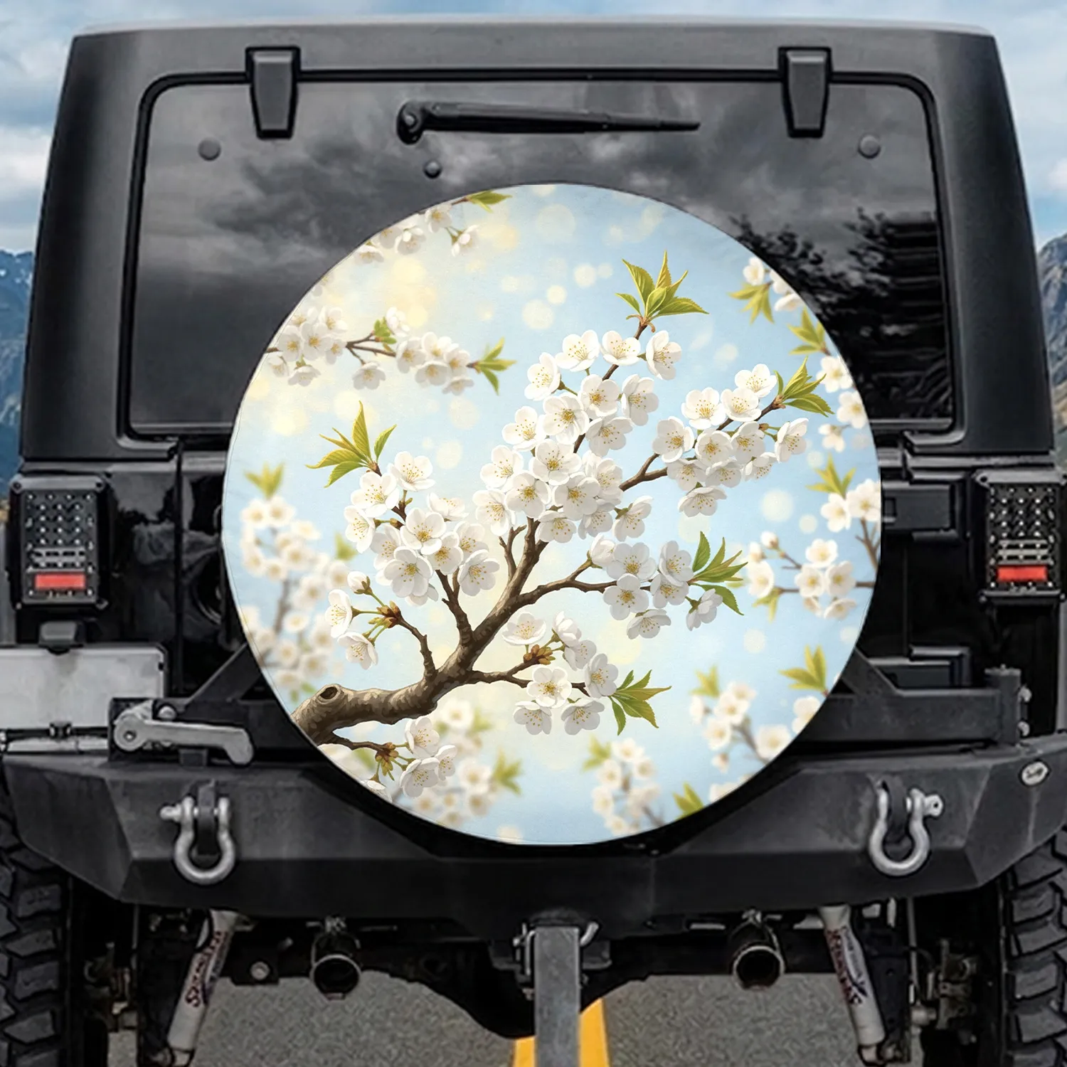Delicate White Blossoms Green Leaves Branch Sky - Nature Lover Home Decor Gift Spare Tire Cover - 1