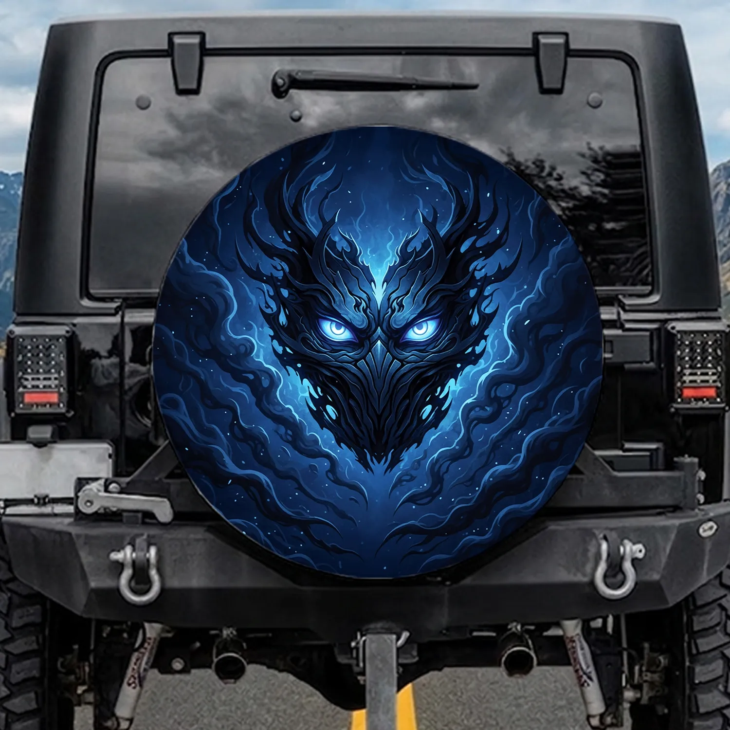 Piercing Electric Blue Eyes Dark Sculpted Mask Swirling Shadows - Fantasy Lover Gift Spare Tire Cover - 1