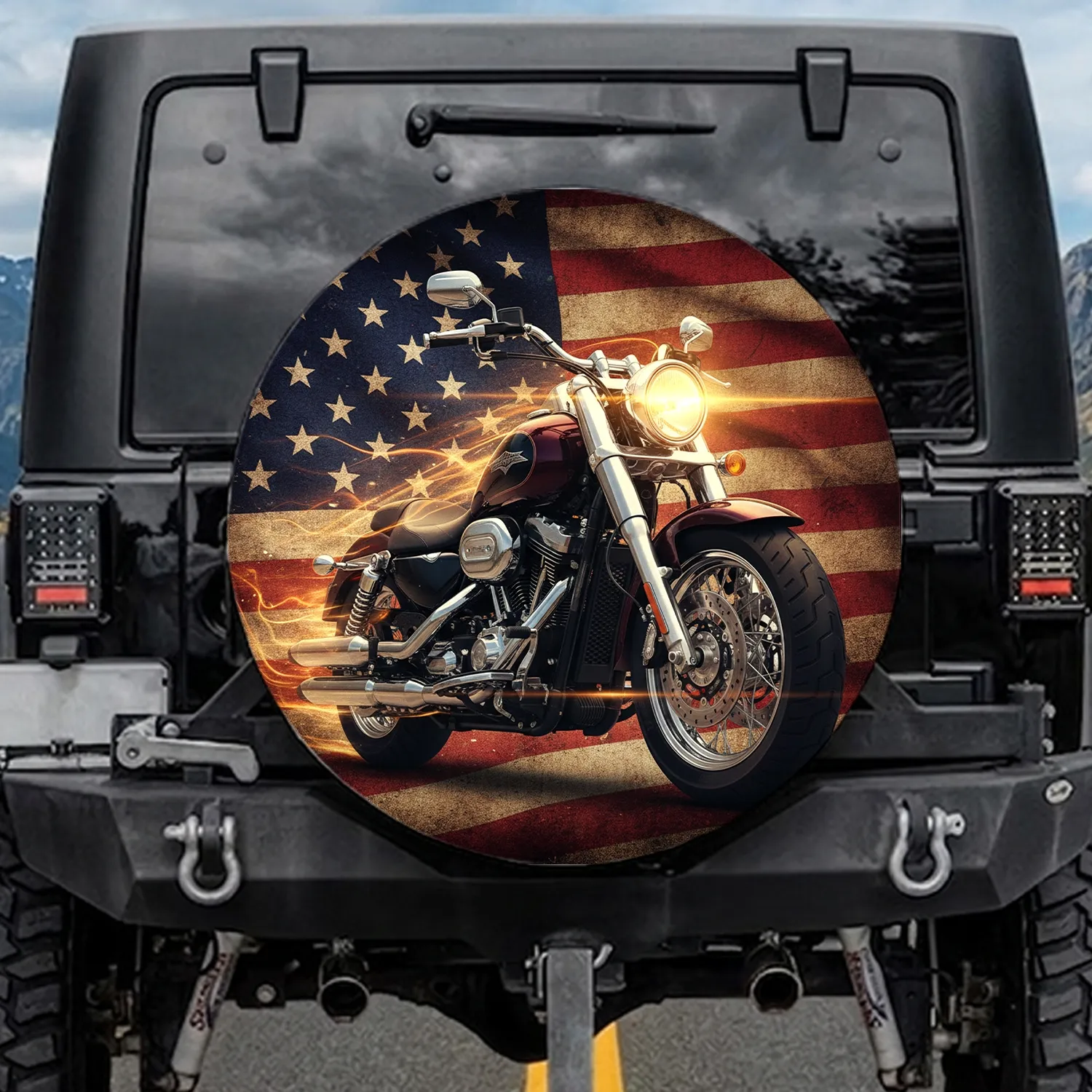 American Cruiser Motorcycle Waving Flag - Patriotic Decor for Motorcycle Riders Spare Tire Cover - 1