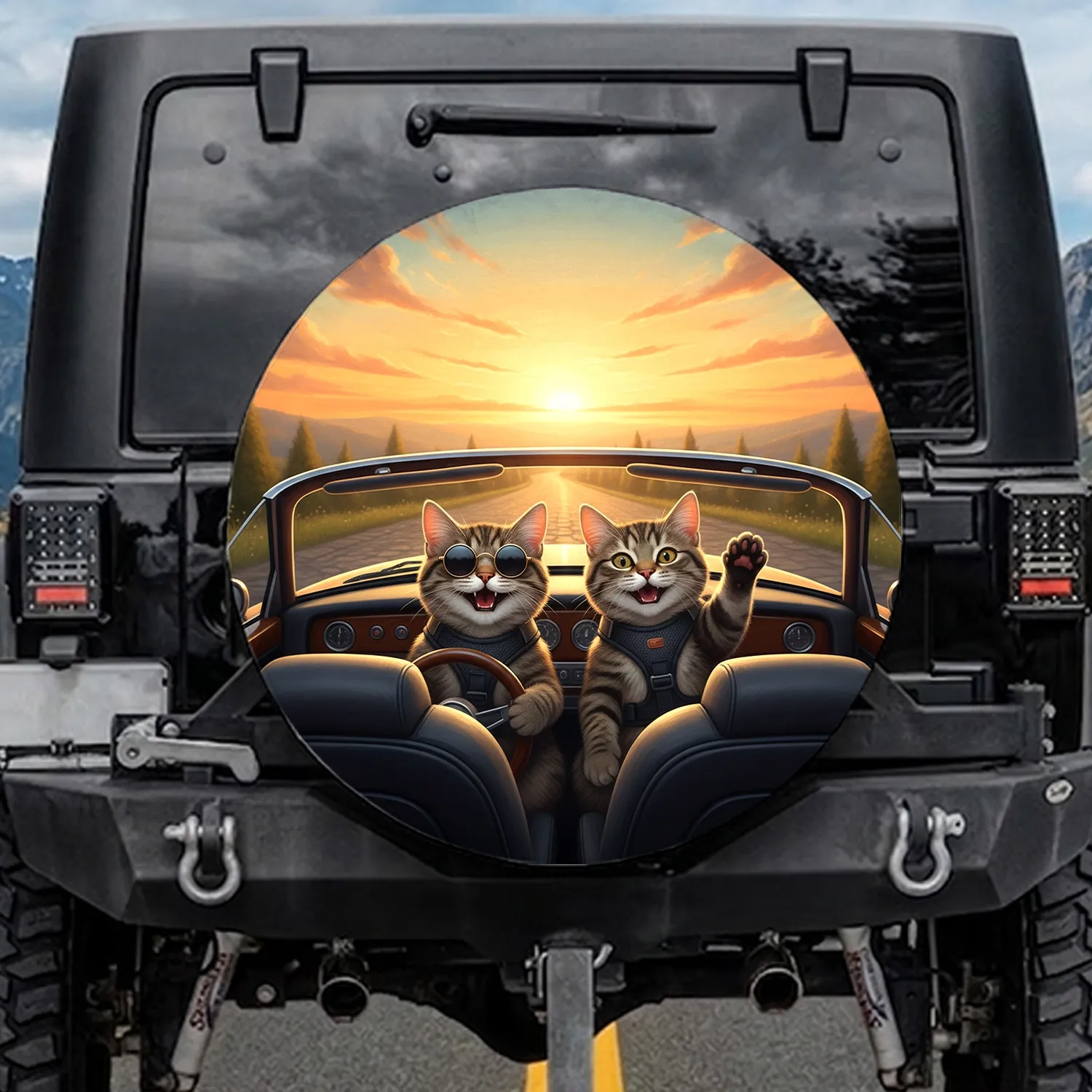 Happy Tabby Cats Road Trip Sunset - Cat Lover Adventure Gift Spare Tire Cover - 1