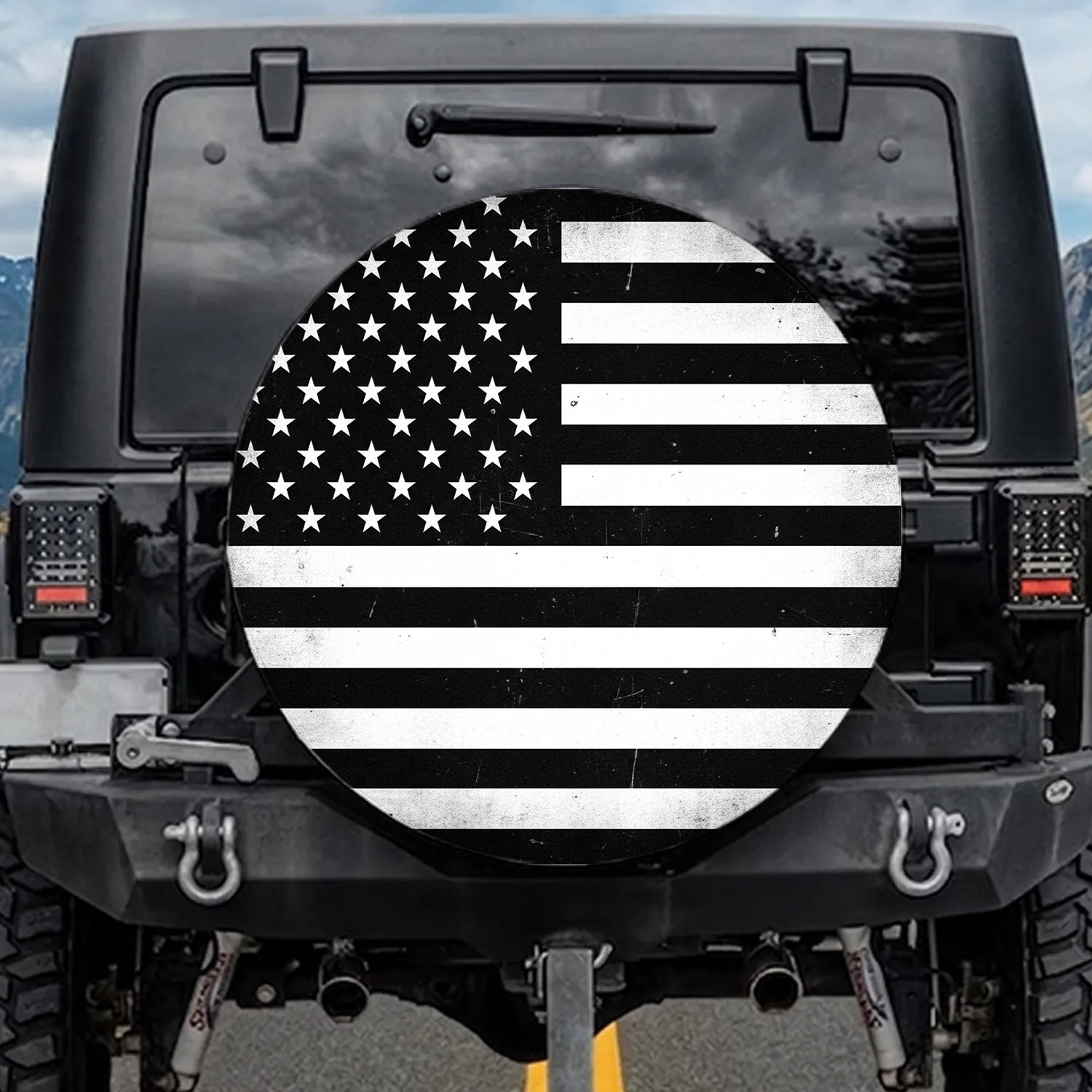 Distressed Black White American Flag Patriotic Home Decor Gift Spare Tire Cover - 1