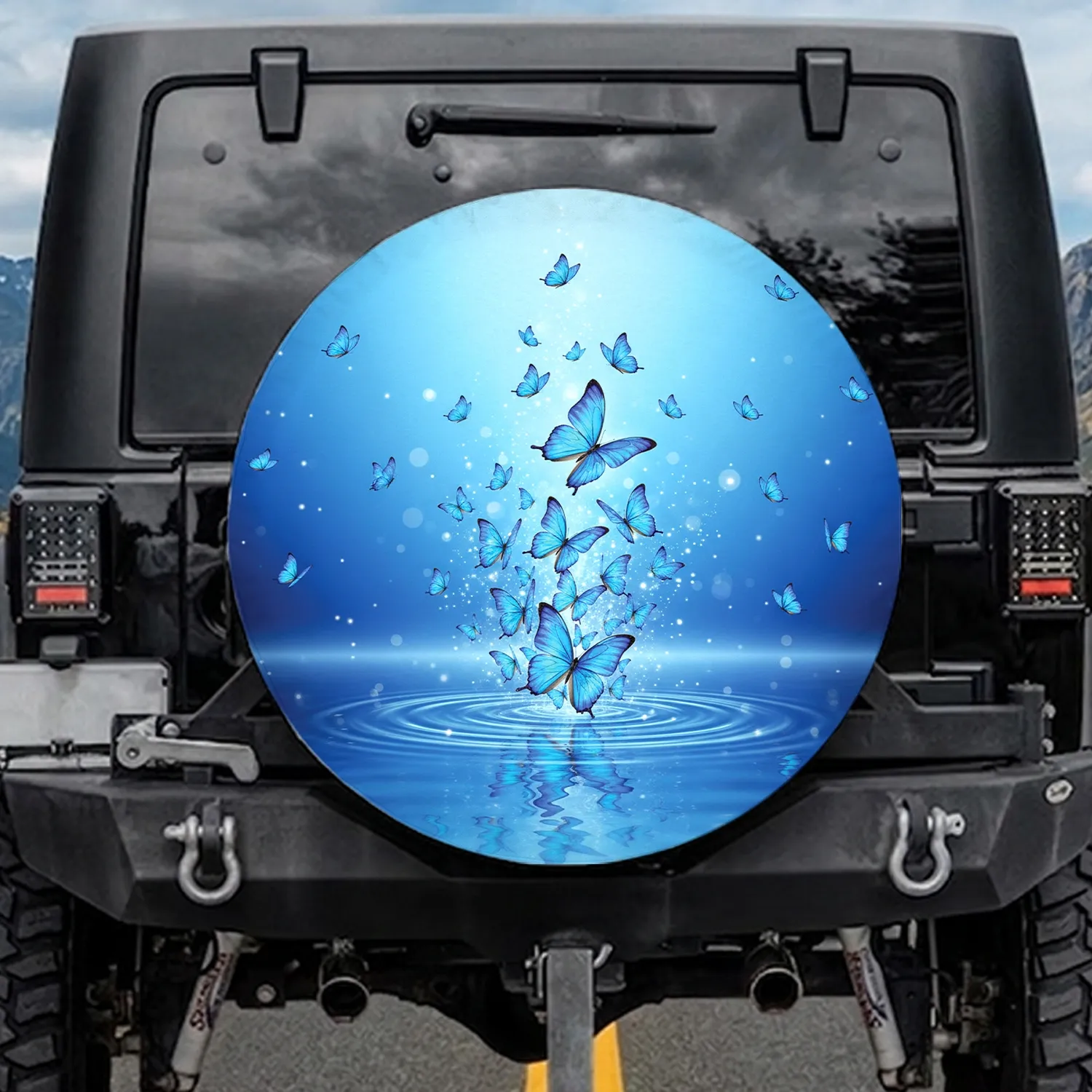 Ascending Iridescent Blue Butterflies Reflective Water Scene - Wildlife Lover Home Decor Gift Spare Tire Cover - 1