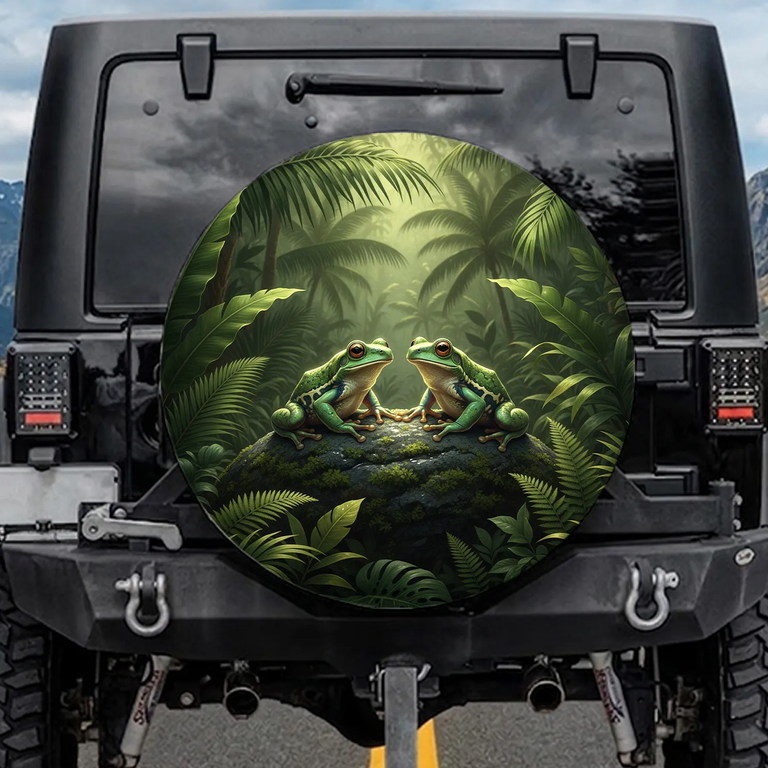 Green Tree Frogs Amber Eyes Mossy Rock Lush Foliage Tropical Jungle - Wildlife Lover Gift Spare Tire Cover - 1