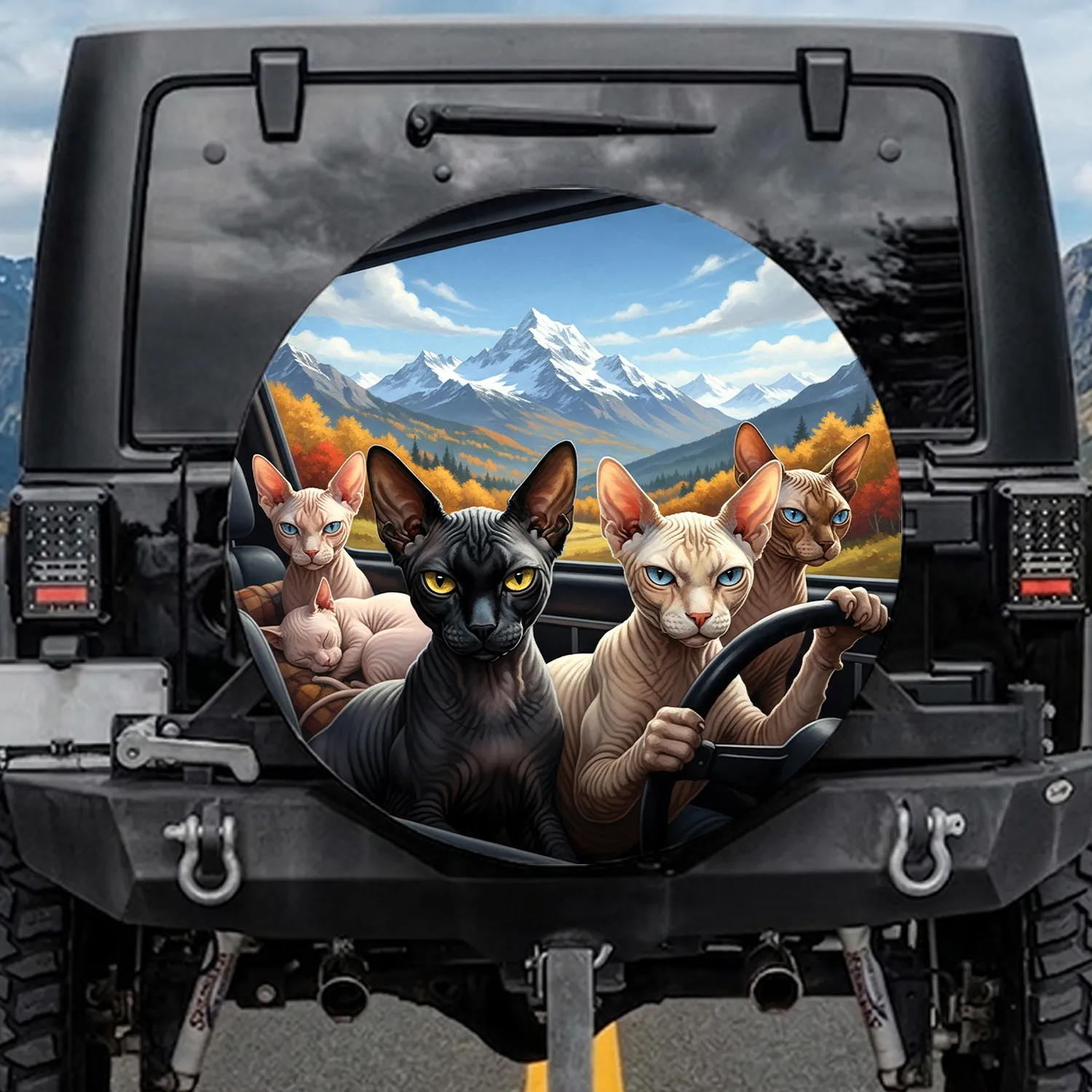 Sphynx Cats Road Trip Mountain Landscape - Adventure Traveler Gift for Cat Lover Spare Tire Cover - 1