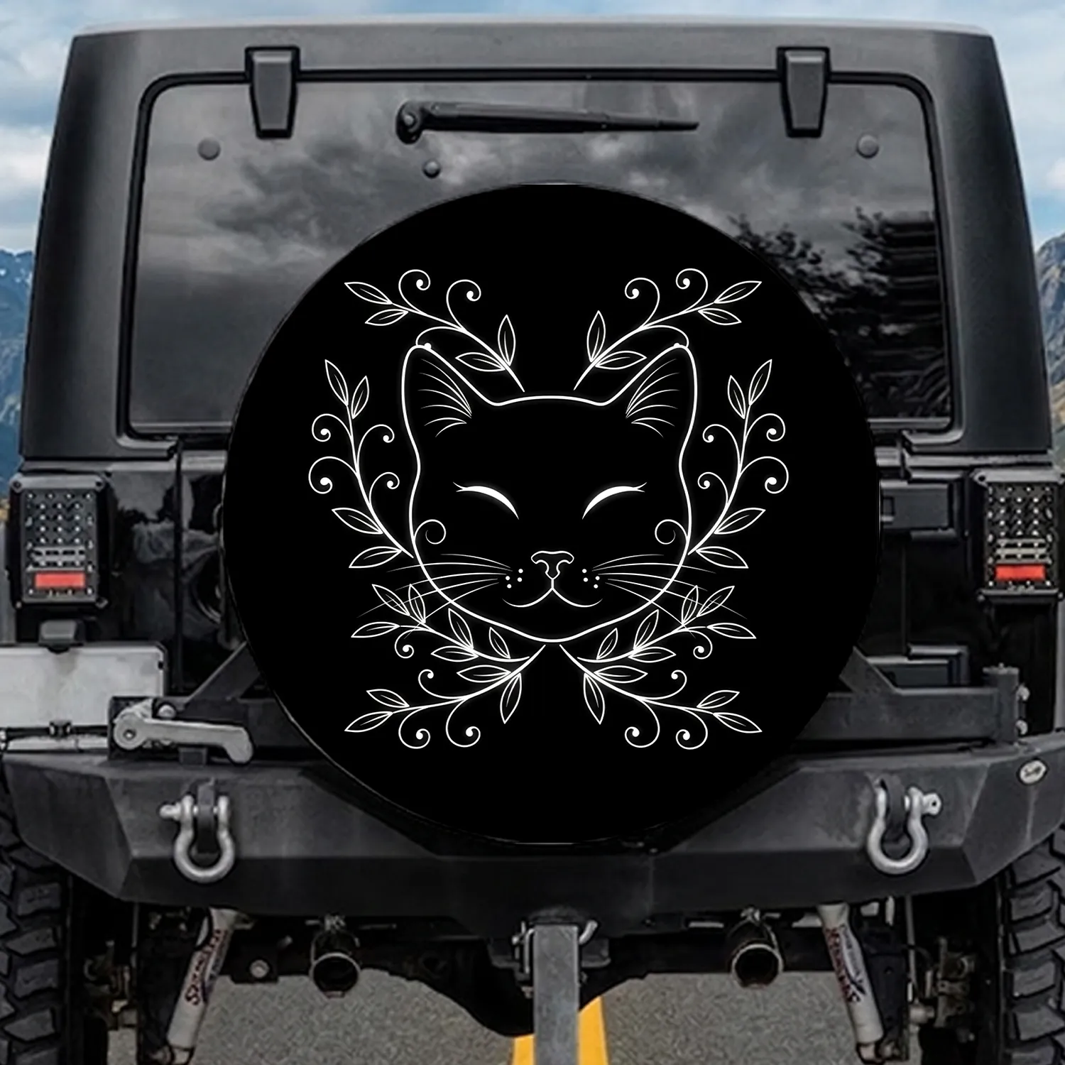 Black White Smiling Cat Face Botanical Branches - Home Decor Gift for Cat Lovers Spare Tire Cover - 1