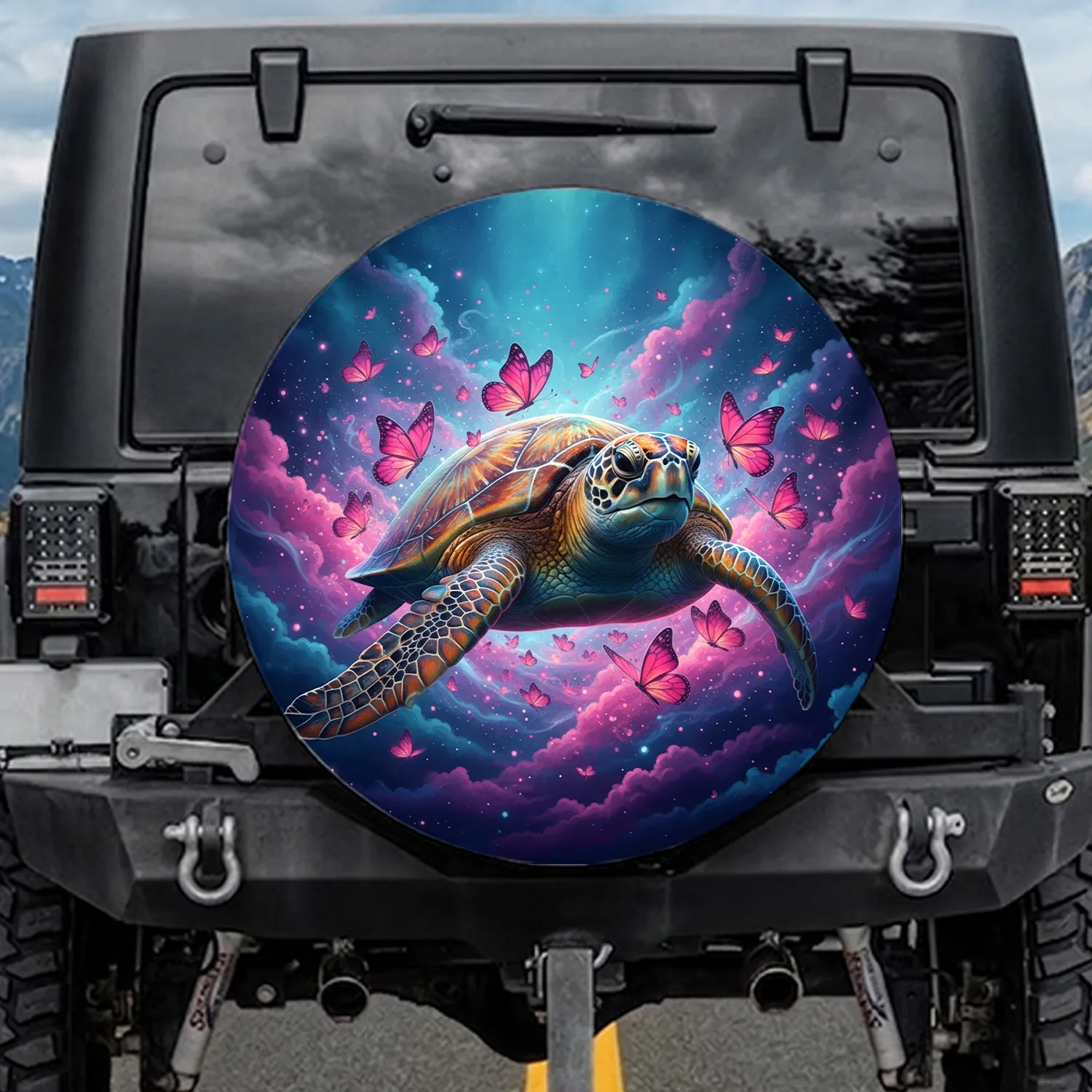 Sea Turtle Pink Butterflies Cosmic Deep-Sea - Wildlife Lover Gift Spare Tire Cover - 1