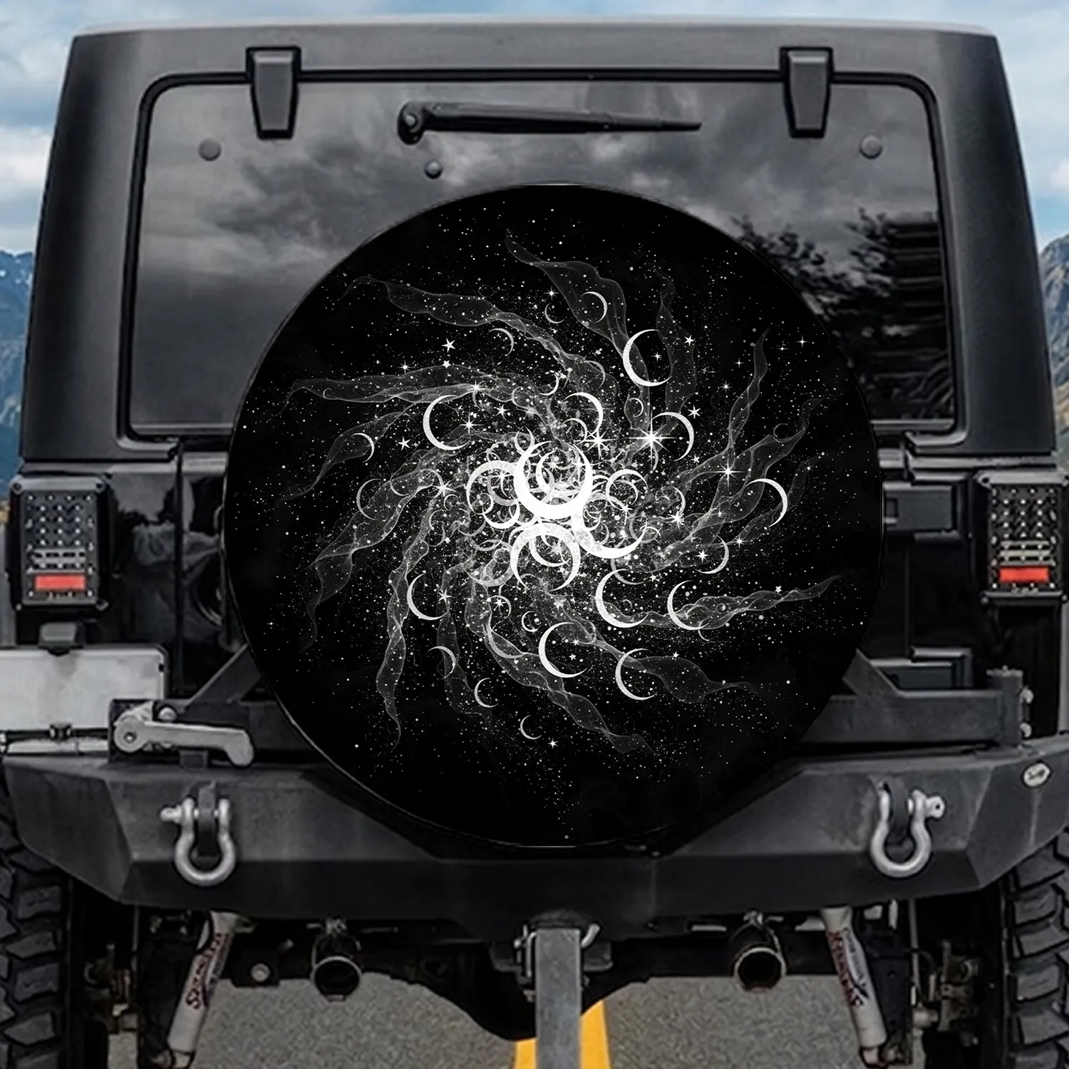 White Crescent Moons Stars Night Sky - Celestial Lover Home Decor Gift Spare Tire Cover - 1