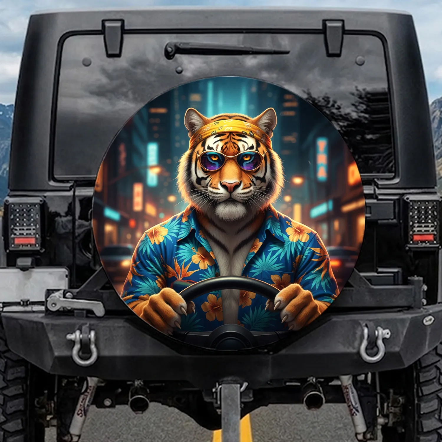 Confident Tiger Sunglasses Hawaiian Shirt Cityscape - Auto Accessory Wildlife Lover Gift Spare Tire Cover - 1
