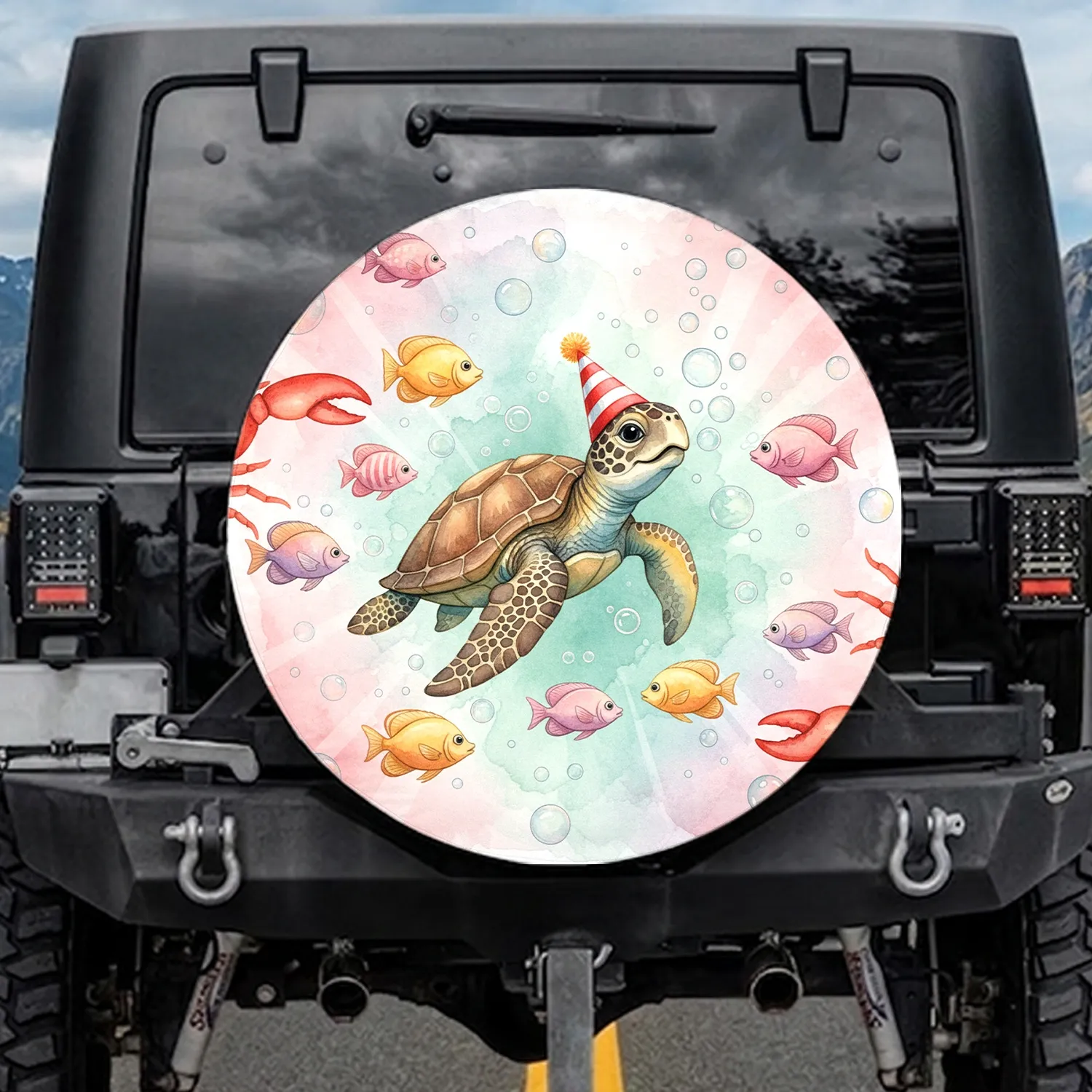 Party Hat Sea Turtle Tropical Fish Crab Bubbles - Marine Life Lover Gift Spare Tire Cover - 1