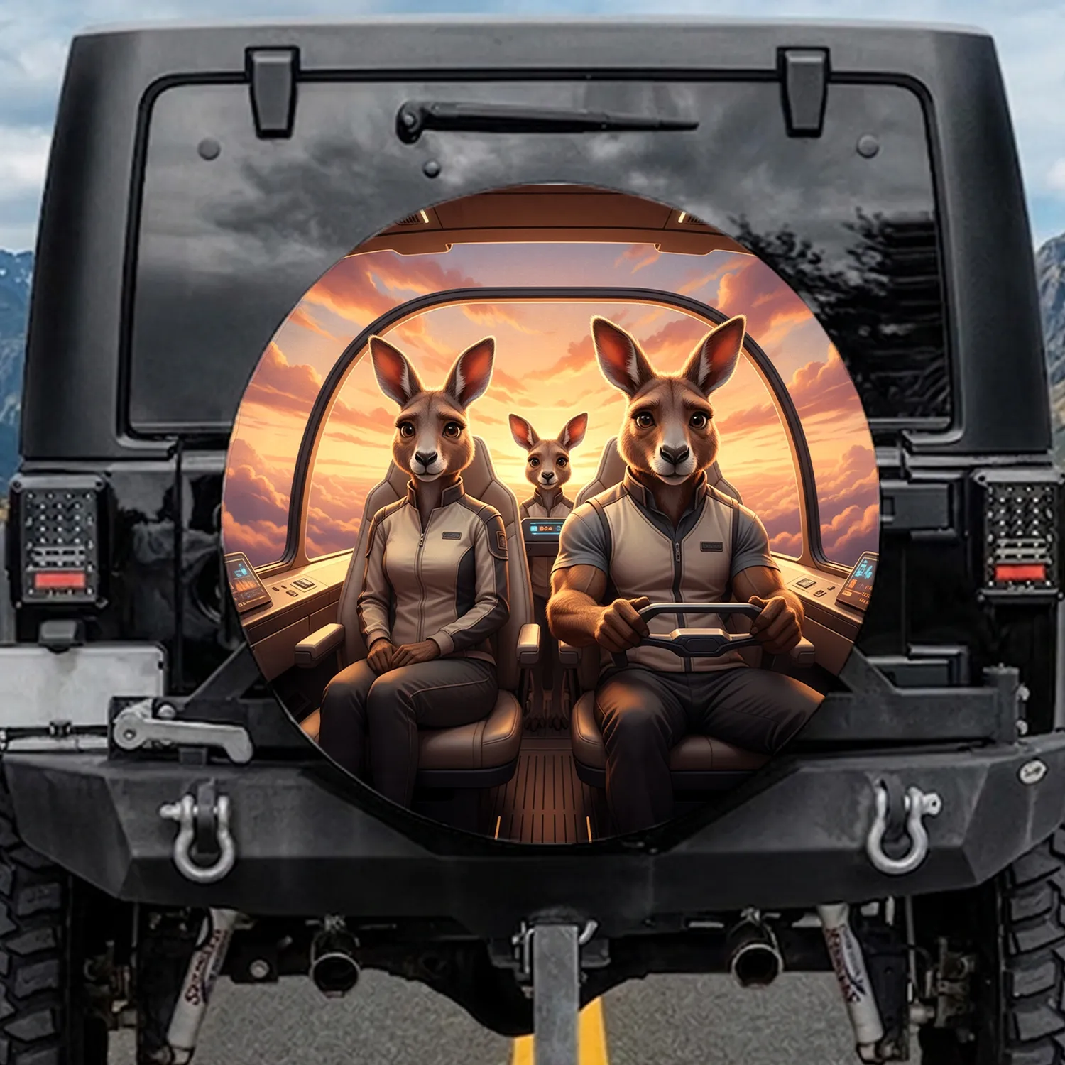 Kangaroo Family Panoramic Journey - Wildlife Lover Travel Enthusiast Gift Spare Tire Cover - 1