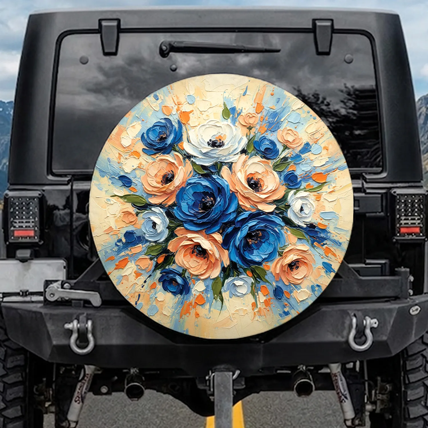 Realistic Blue White Peach Impasto Flowers - Home Decor Gift for Floral Lover Spare Tire Cover - 1