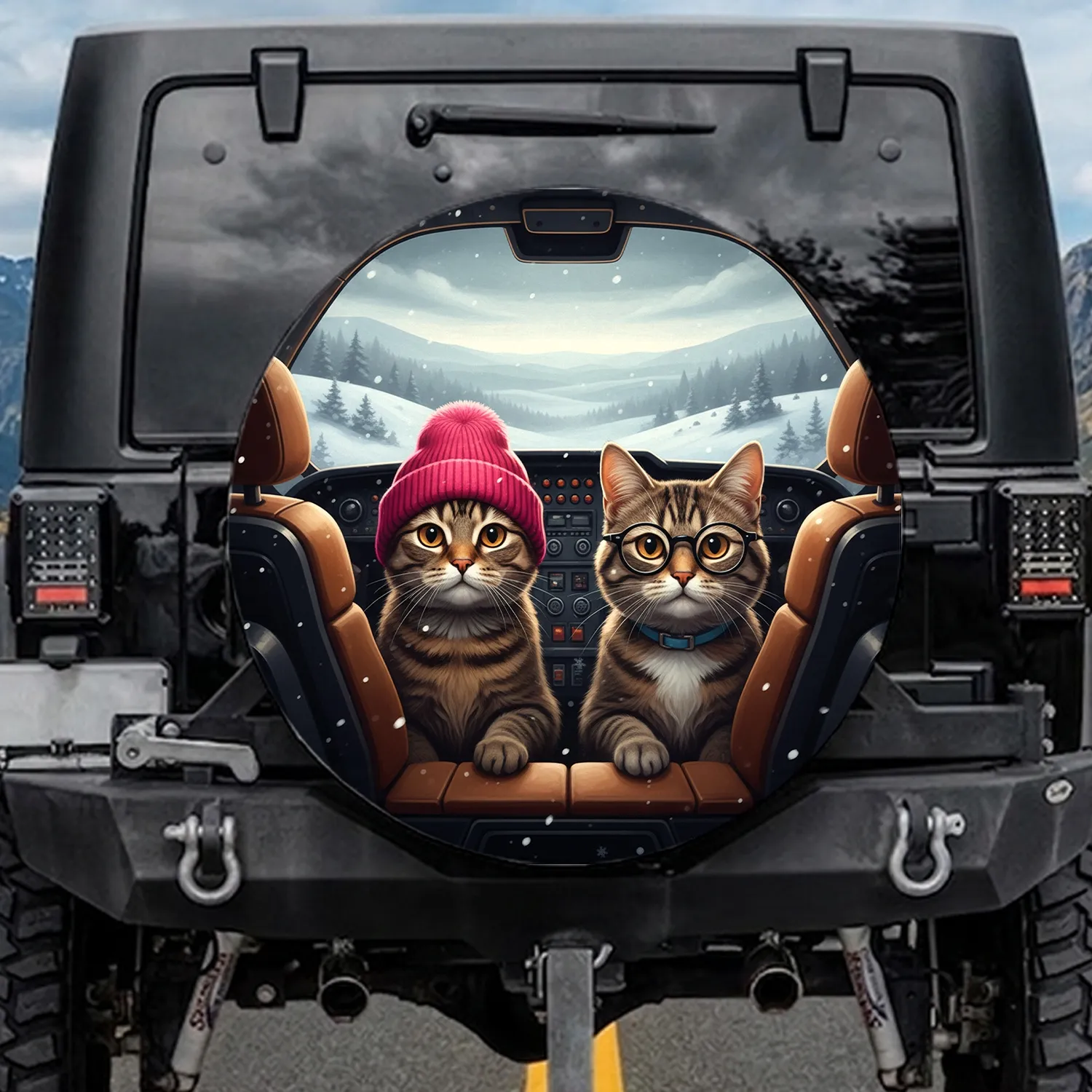 Tabby Cats Pink Beanie Eyeglasses Cockpit Winter Journey Snow - Cat Lover Gift Spare Tire Cover - 1