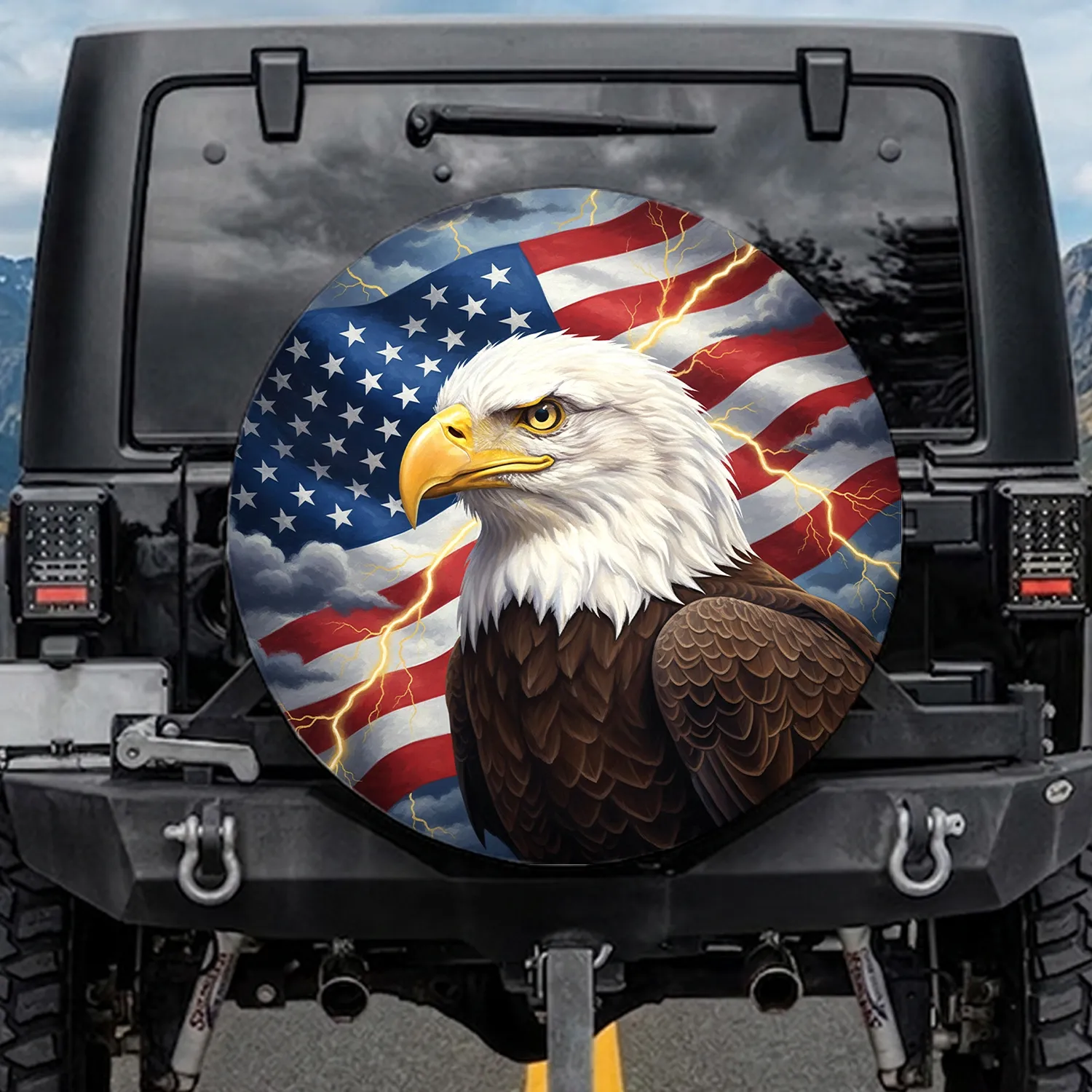 Bald Eagle American Flag Lightning Storm - Patriotic Decor Gift for Veterans Spare Tire Cover - 1