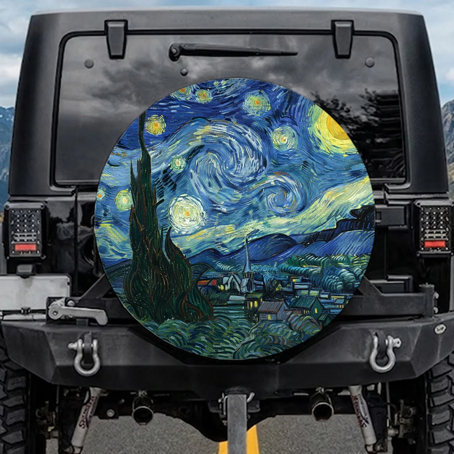 Cypress Tree Village Night Moon Stars - Home Decor Art Lover Gift Spare Tire Cover - 1