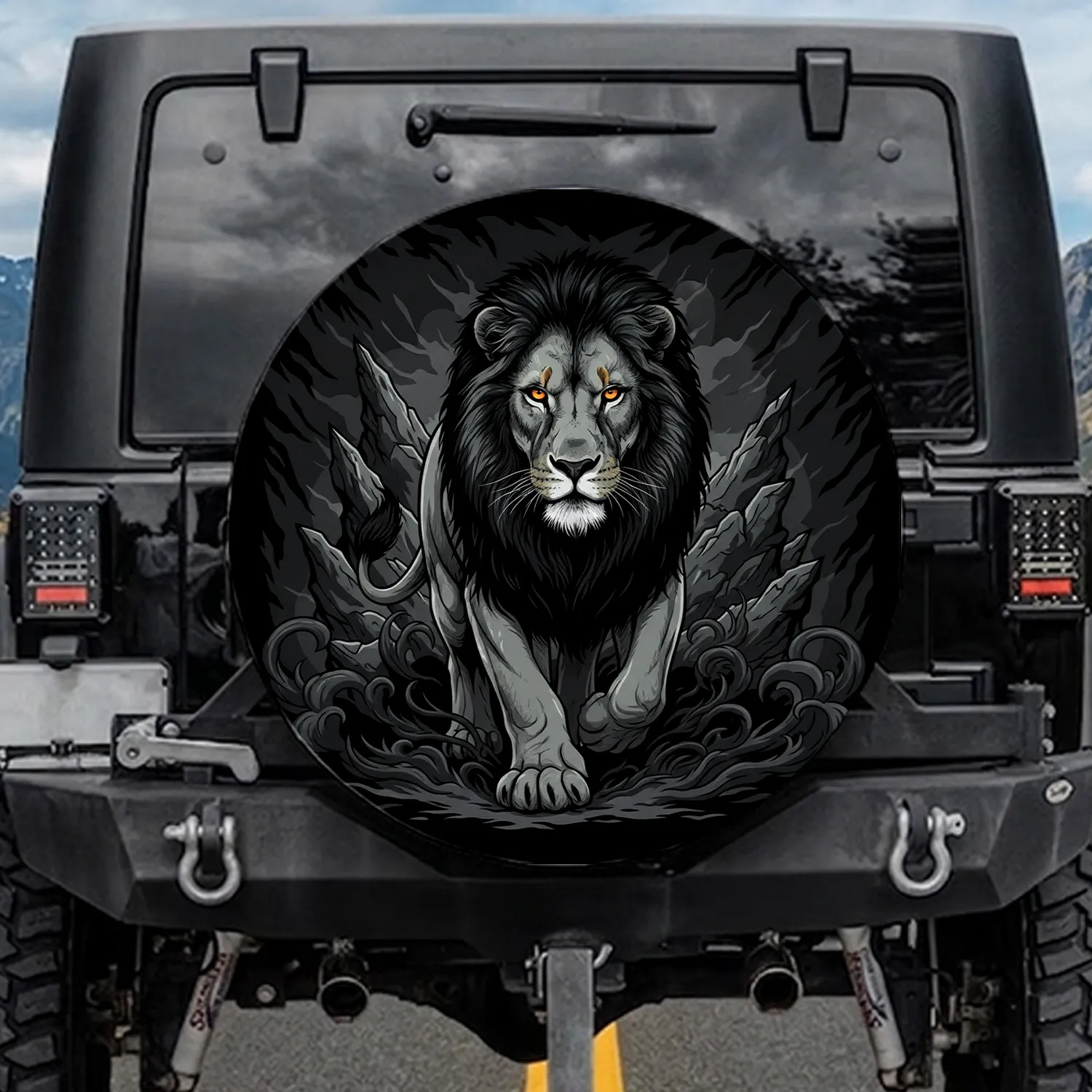 Majestic Male Lion Black Mane Orange Eyes Rugged Rock Mist Intense Gaze - Wildlife Lover Gift Spare Tire Cover - 1