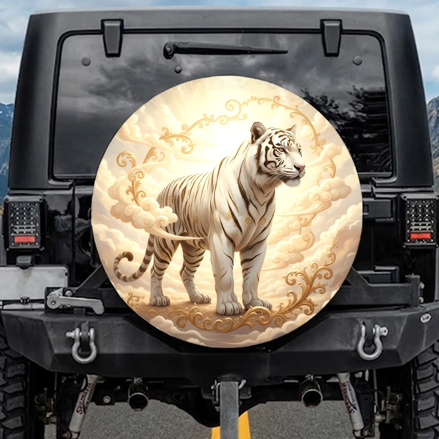 Majestic White Tiger Golden Ornate Celestial Clouds - Wildlife Lover Gift Spare Tire Cover - 1