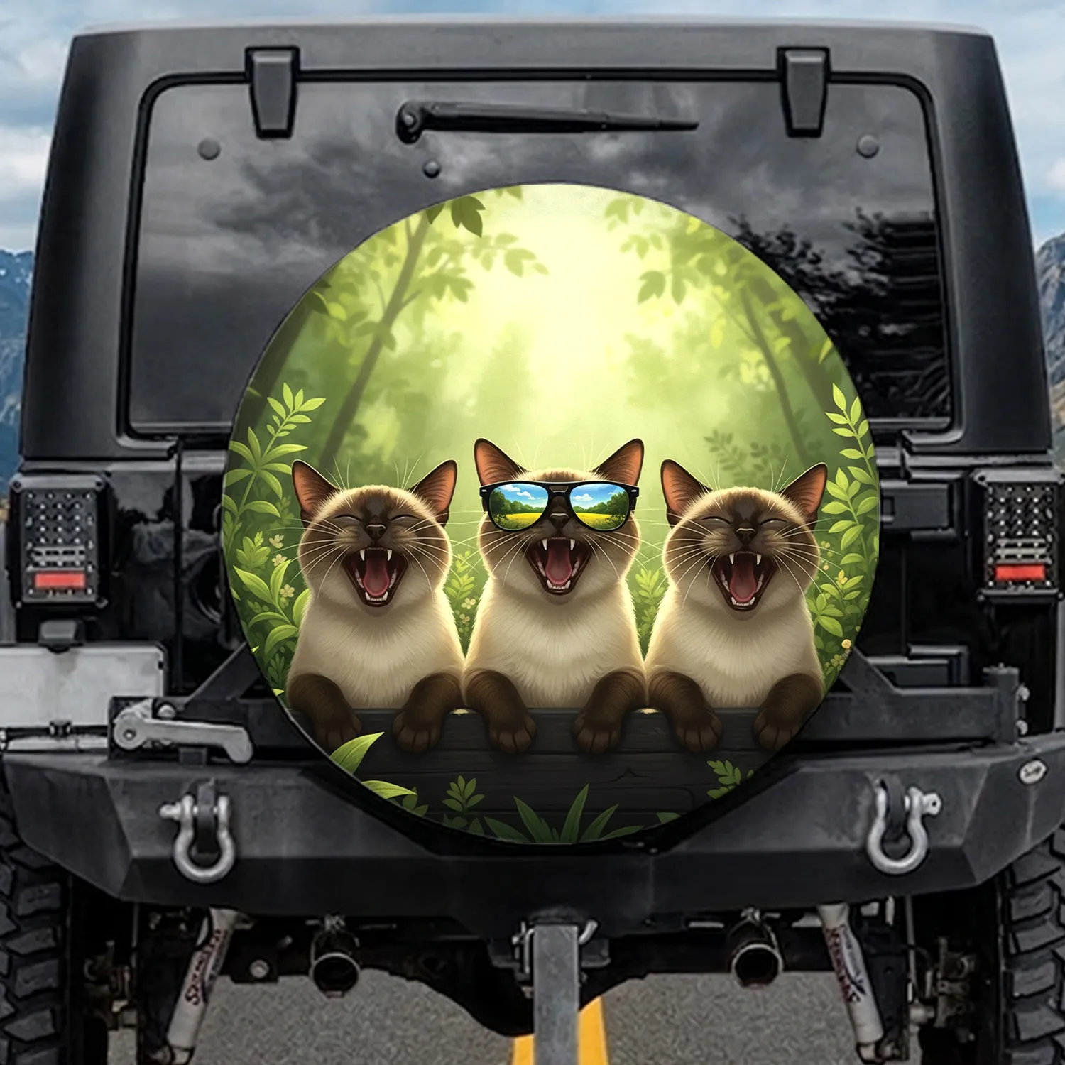 Three Siamese Cats Yelling Sunglasses Verdant Foliage - Wildlife Gift Spare Tire Cover - 1