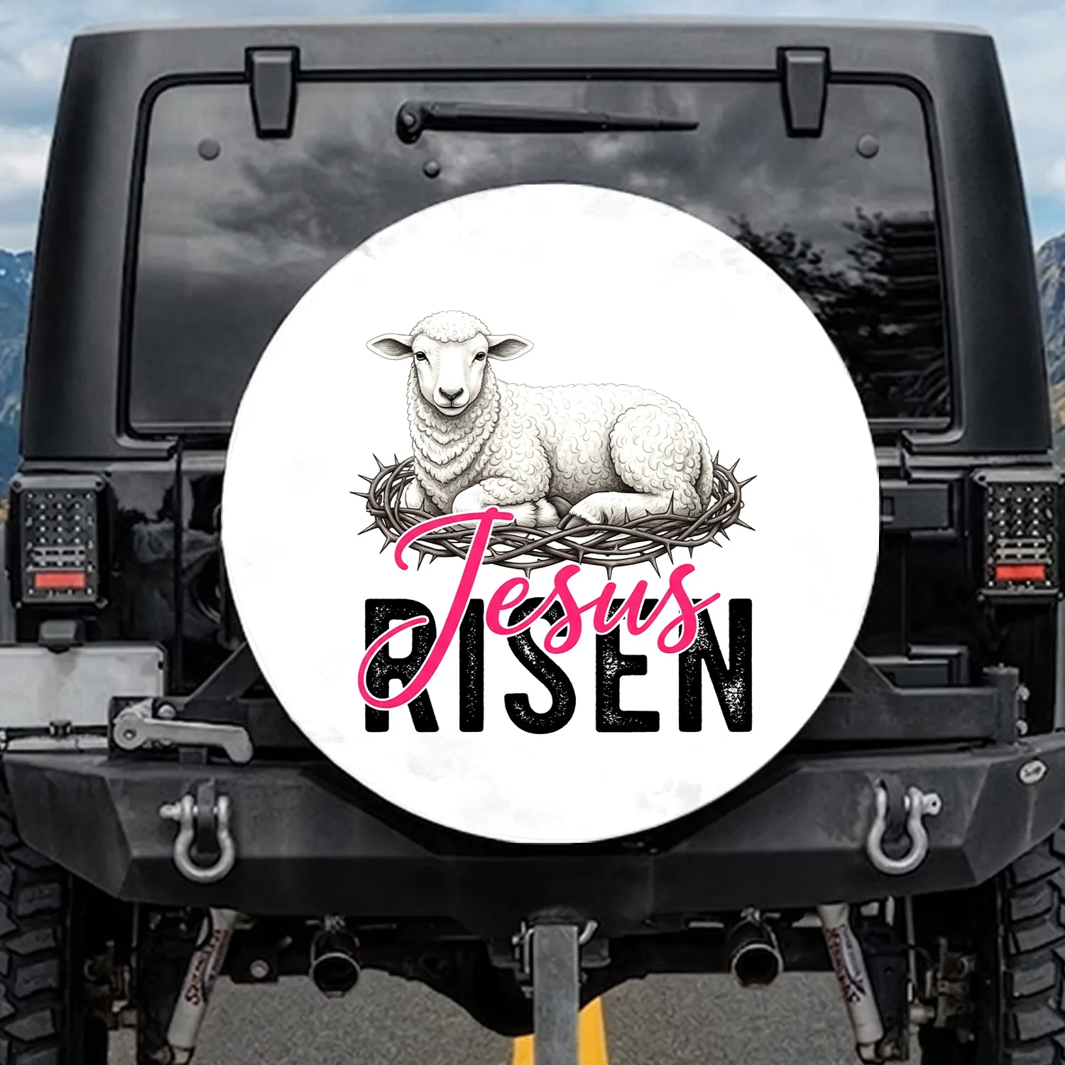White Lamb Thorny Crown Jesus RISEN - Christian Faith Religious Gift Spare Tire Cover - 1