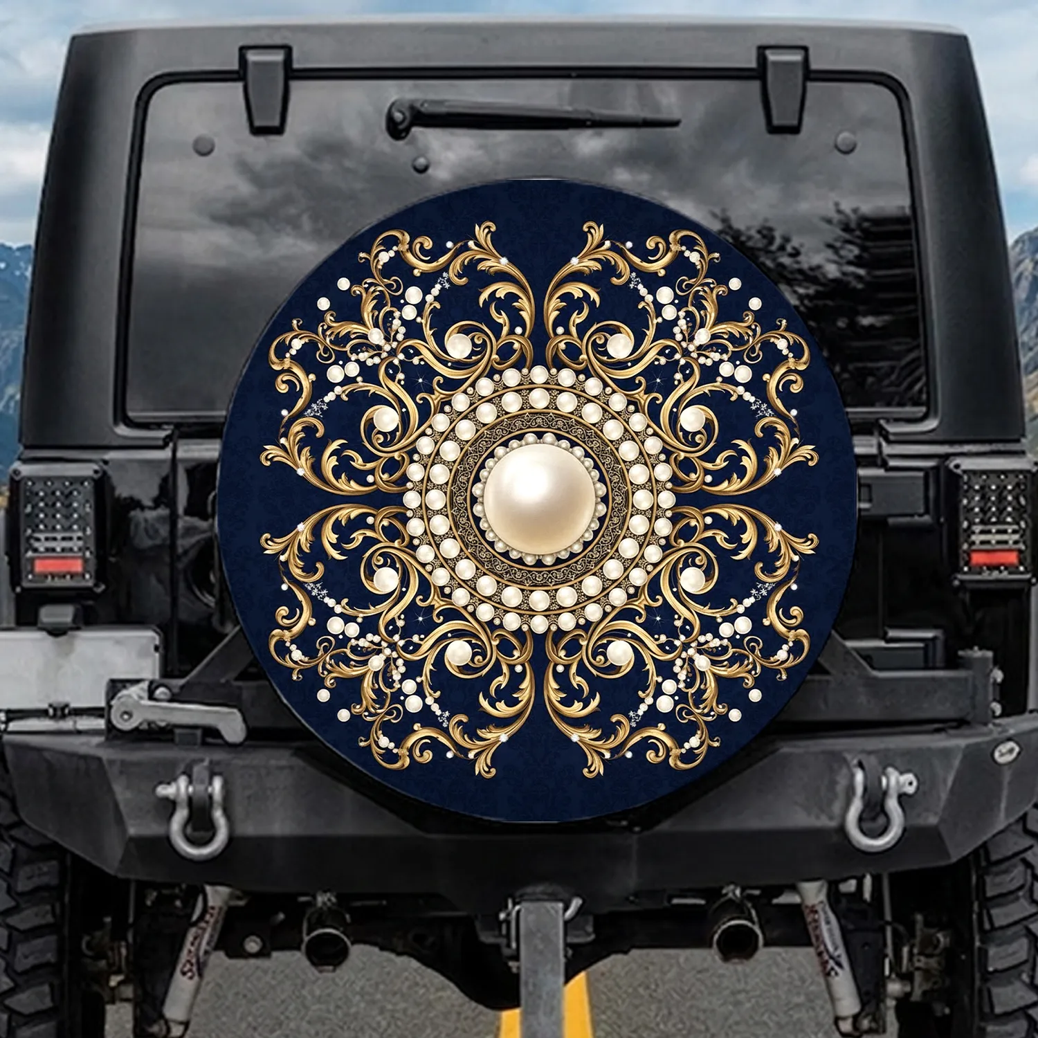 Baroque Medallion Gold Pearl Filigree Scrollwork - Home Decor Gift Spare Tire Cover - 1