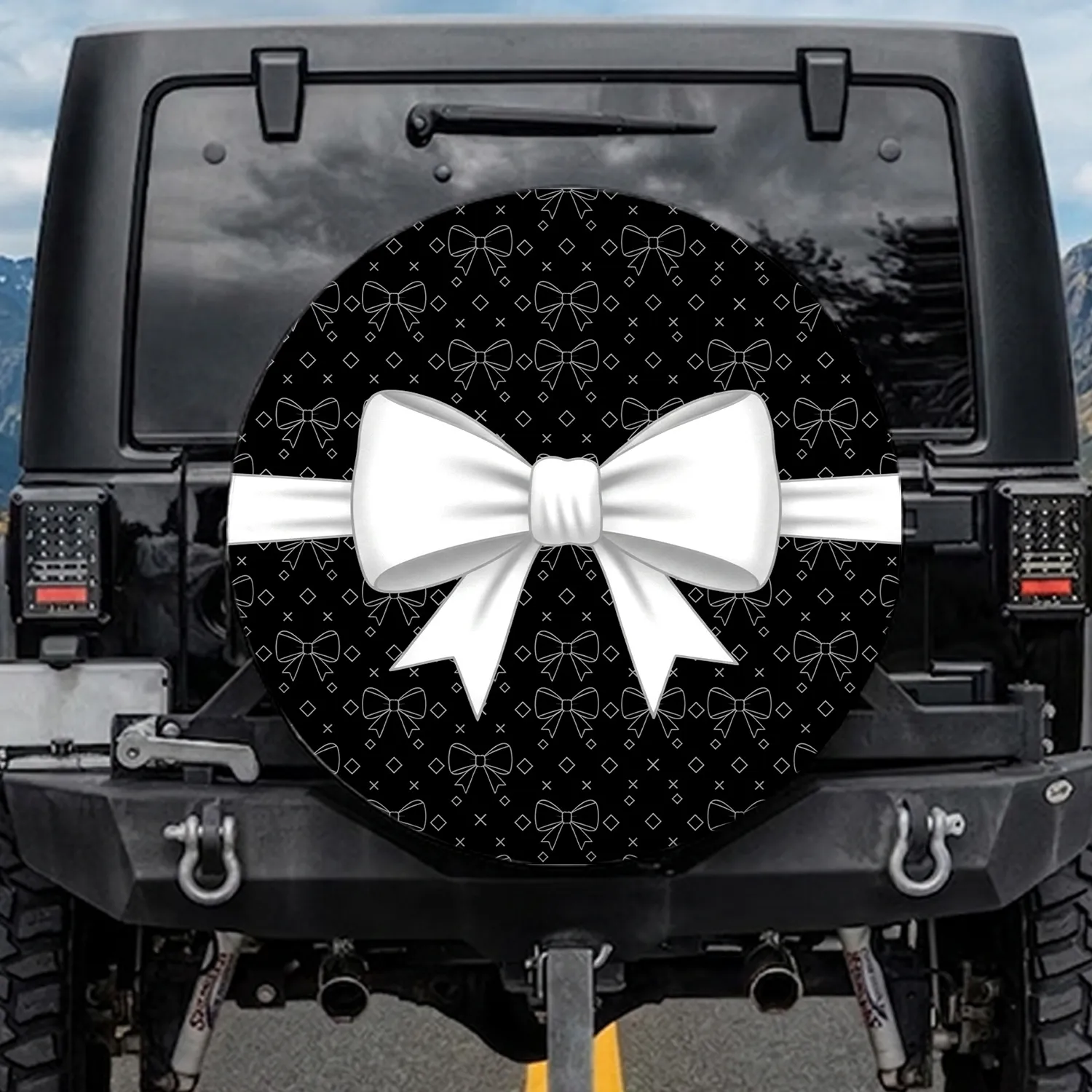 Contrasting White Bows X Marks Diamond Shapes Black Background Home Interior Decor Gift Spare Tire Cover - 1