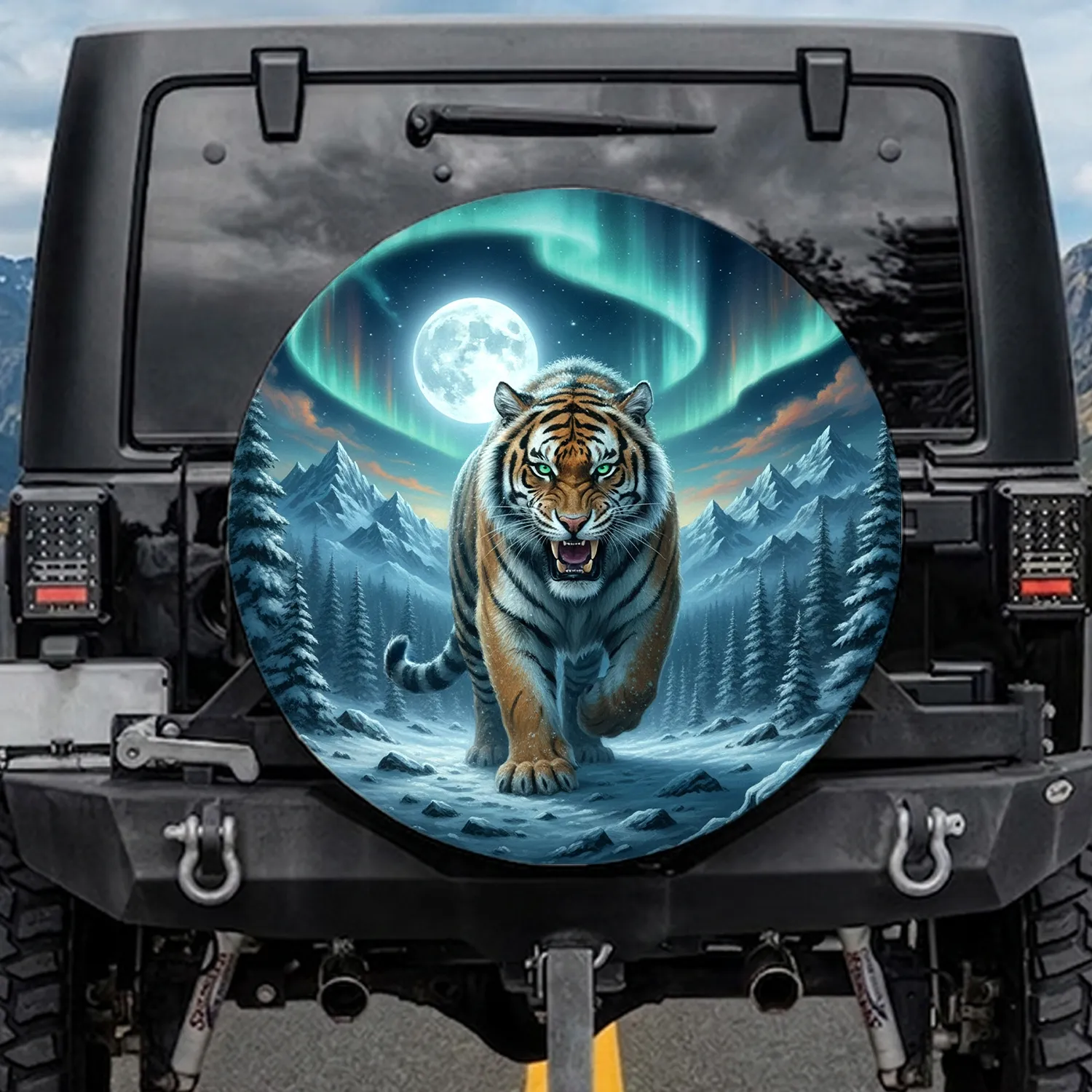 Tiger Running Emerald Eyes Aurora Borealis Snowy Pine Peak - Wildlife Lover Gift Spare Tire Cover - 1