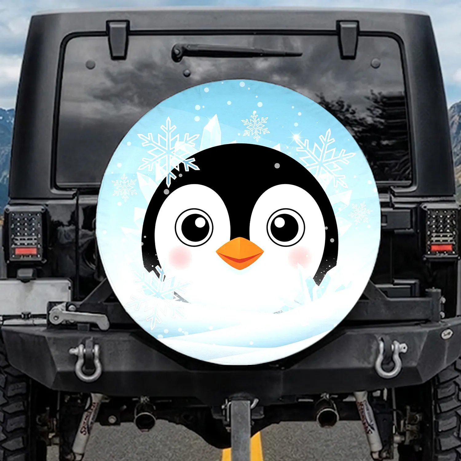 Penguin Face Prominent Wide White Eyes Geometric Snowflakes Arctic Snowdrifts - Penguin Lover Spare Tire Cover - 1