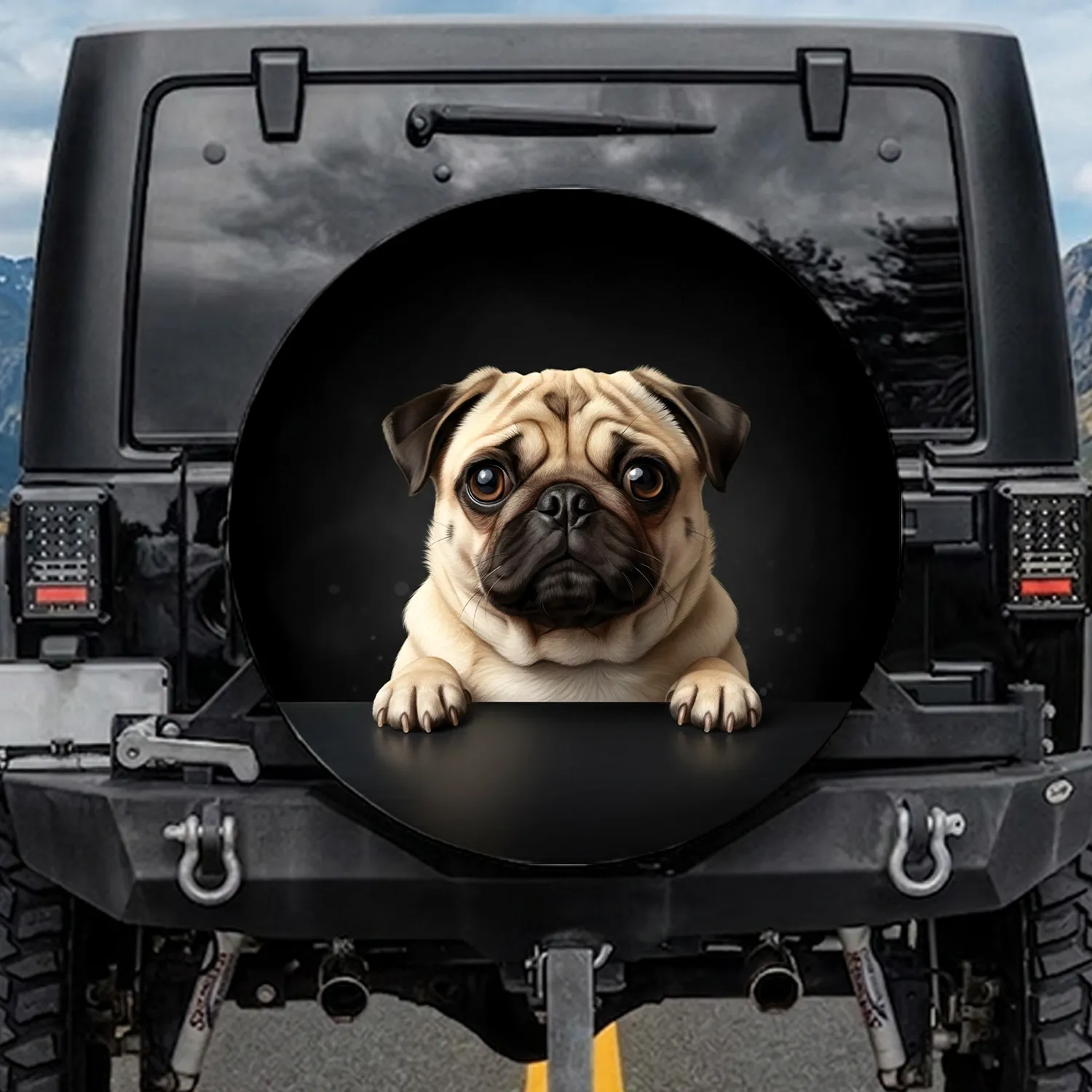 Fawn Pug Dog with Expressive Eyes Peeking Over Dark Surface - Dog Lover Gift for Pug Owners Spare Tire Cover - 1