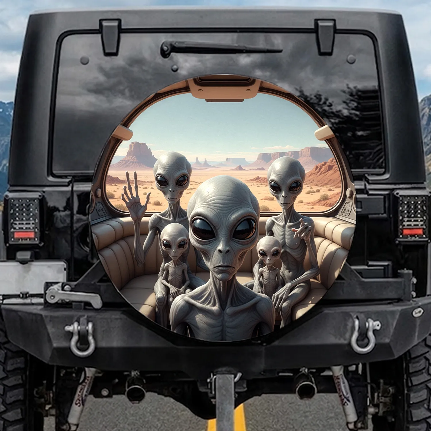 Grey Alien Group Futuristic Cabin Desert Landscape - Intergalactic Travel Gift for Sci-Fi Fan Spare Tire Cover - 1
