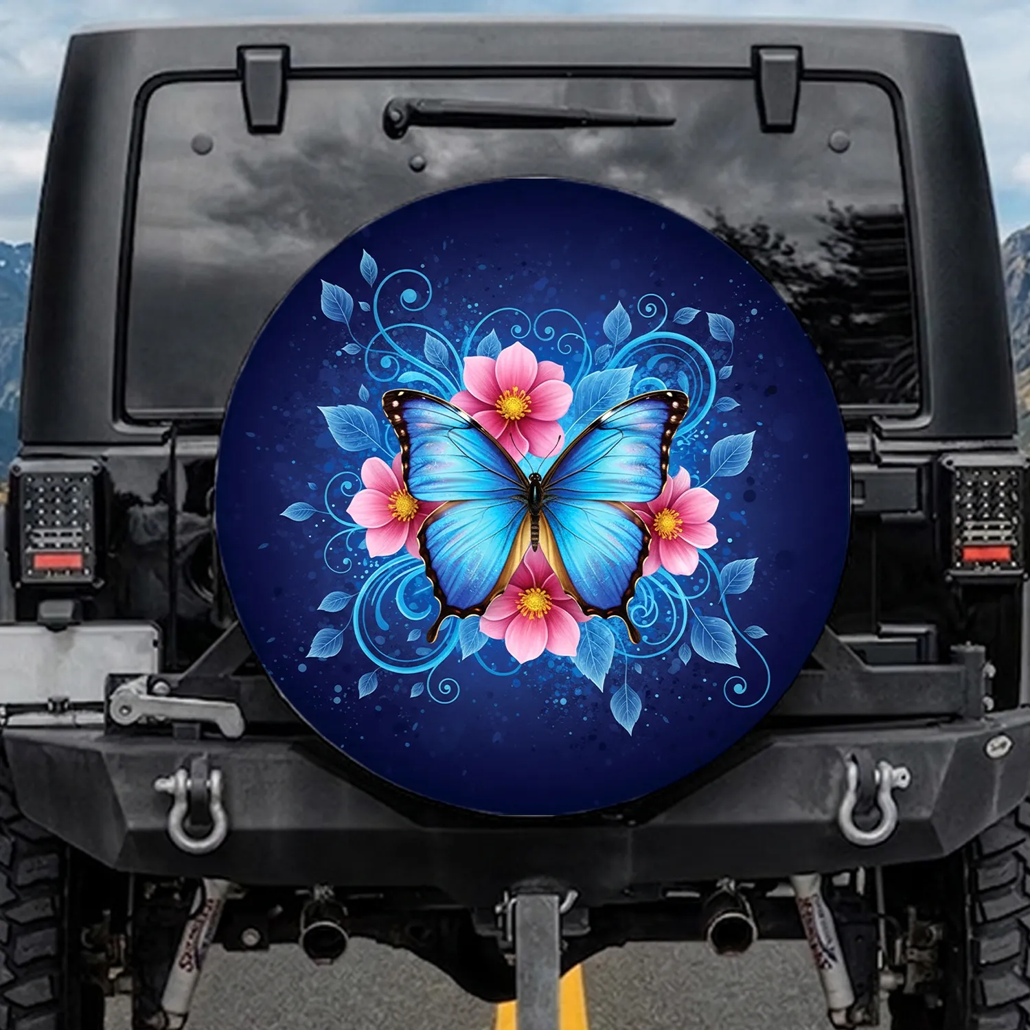 Blue Morpho Butterfly Pink Flowers Swirling Leaves - Wildlife Lover Home Decor Gift Spare Tire Cover - 1