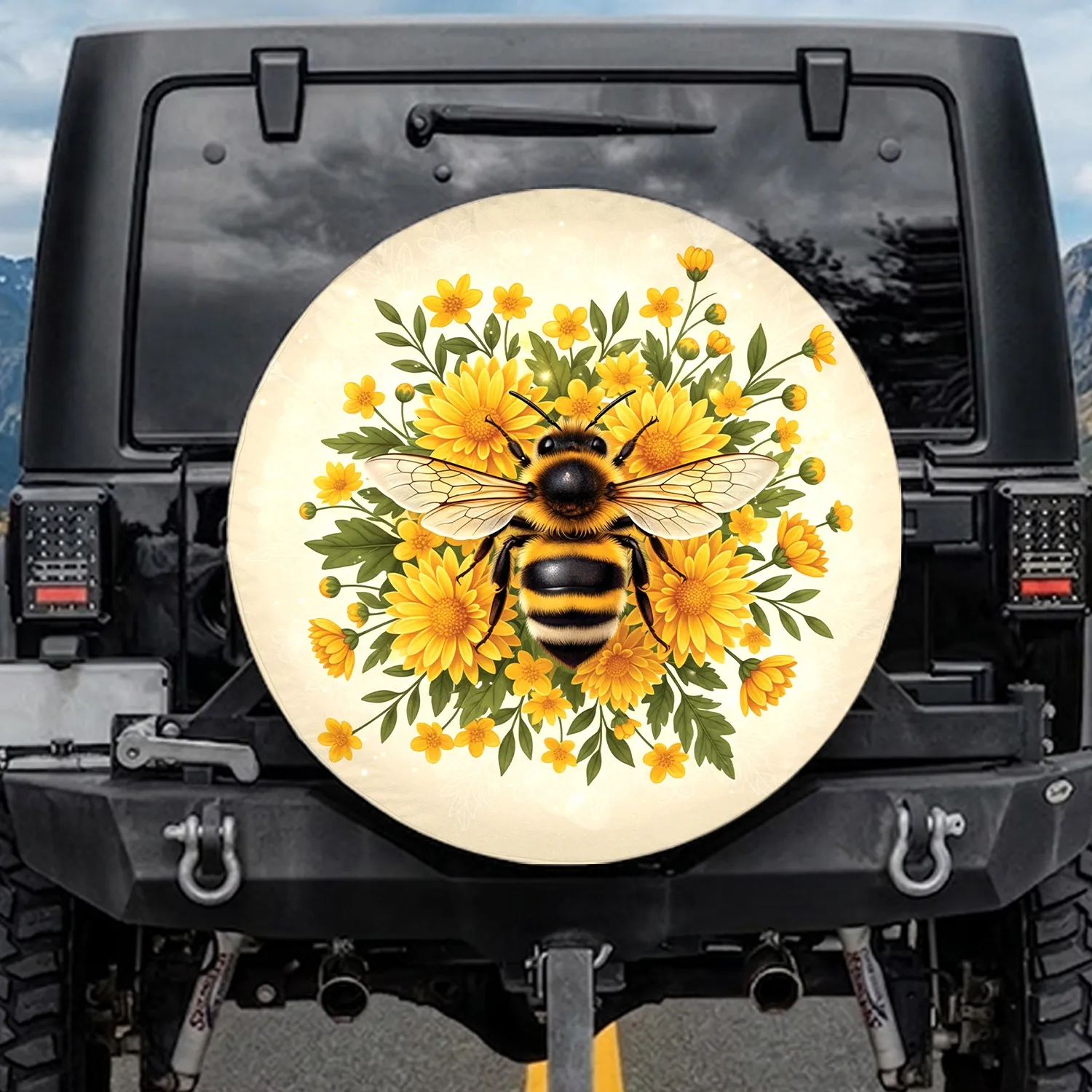 Honeybee Black Yellow Stripes Chrysanthemum Floral - Wildlife Lover Gift Spare Tire Cover - 1