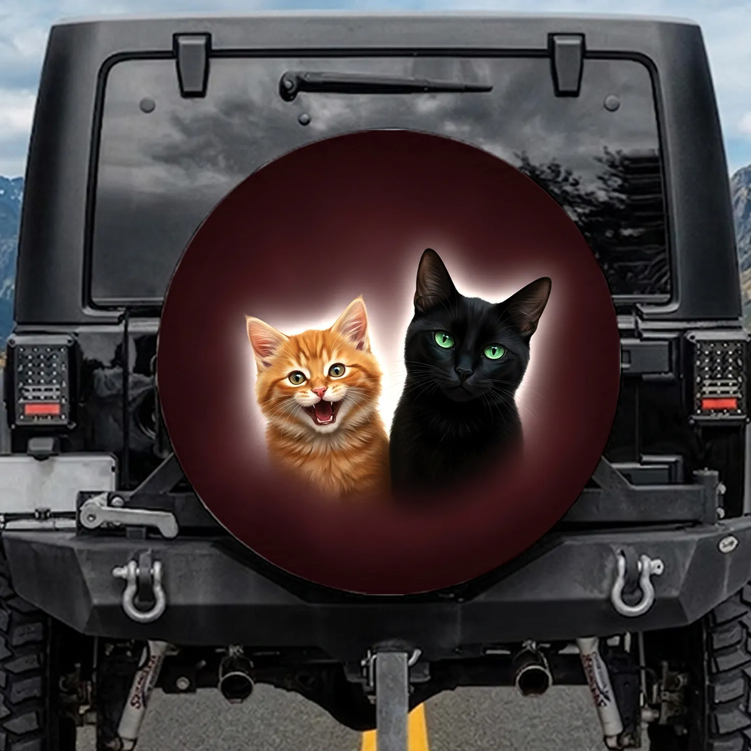 Orange Tabby Kitten Black Cat Emerald Eyes Maroon Background - Cat Lover Home Decor Gift Spare Tire Cover - 1